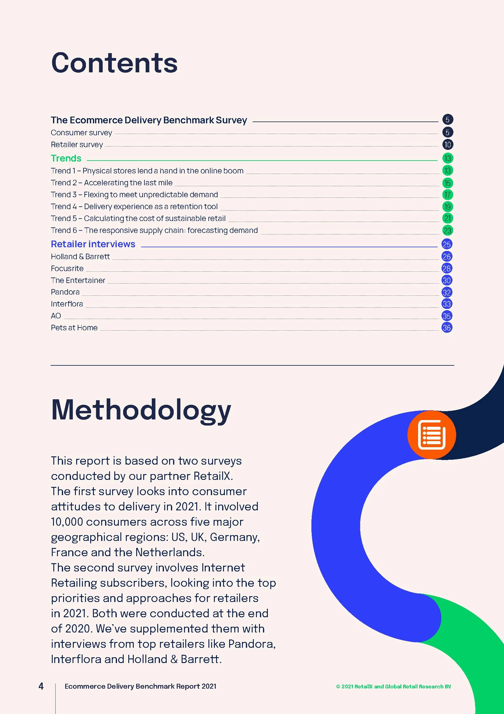 Table of contents page from a report titled 'Ecommerce Delivery Benchmark Survey 2021' showing sections on trends and retailer interviews, along with colorful design elements.