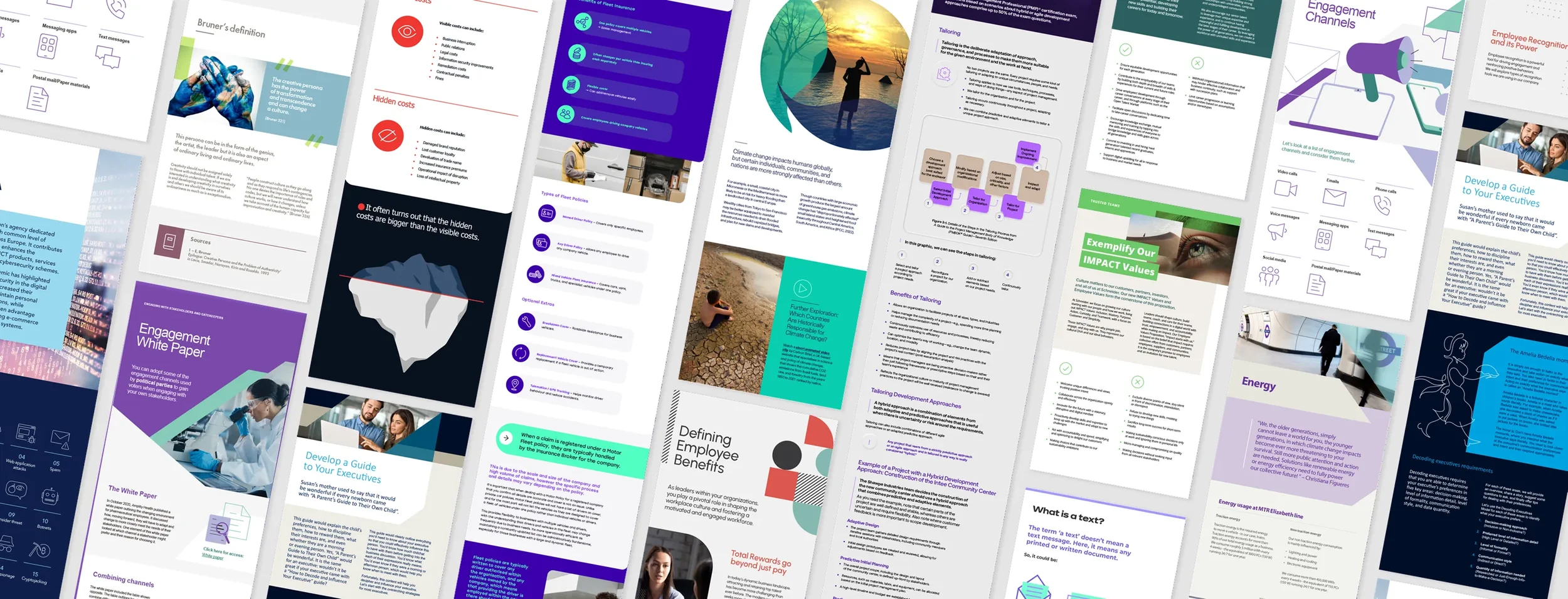 A collage of various professional presentation slides and documents, including white papers, infographics, and text-heavy reports, with diverse layouts and colors.