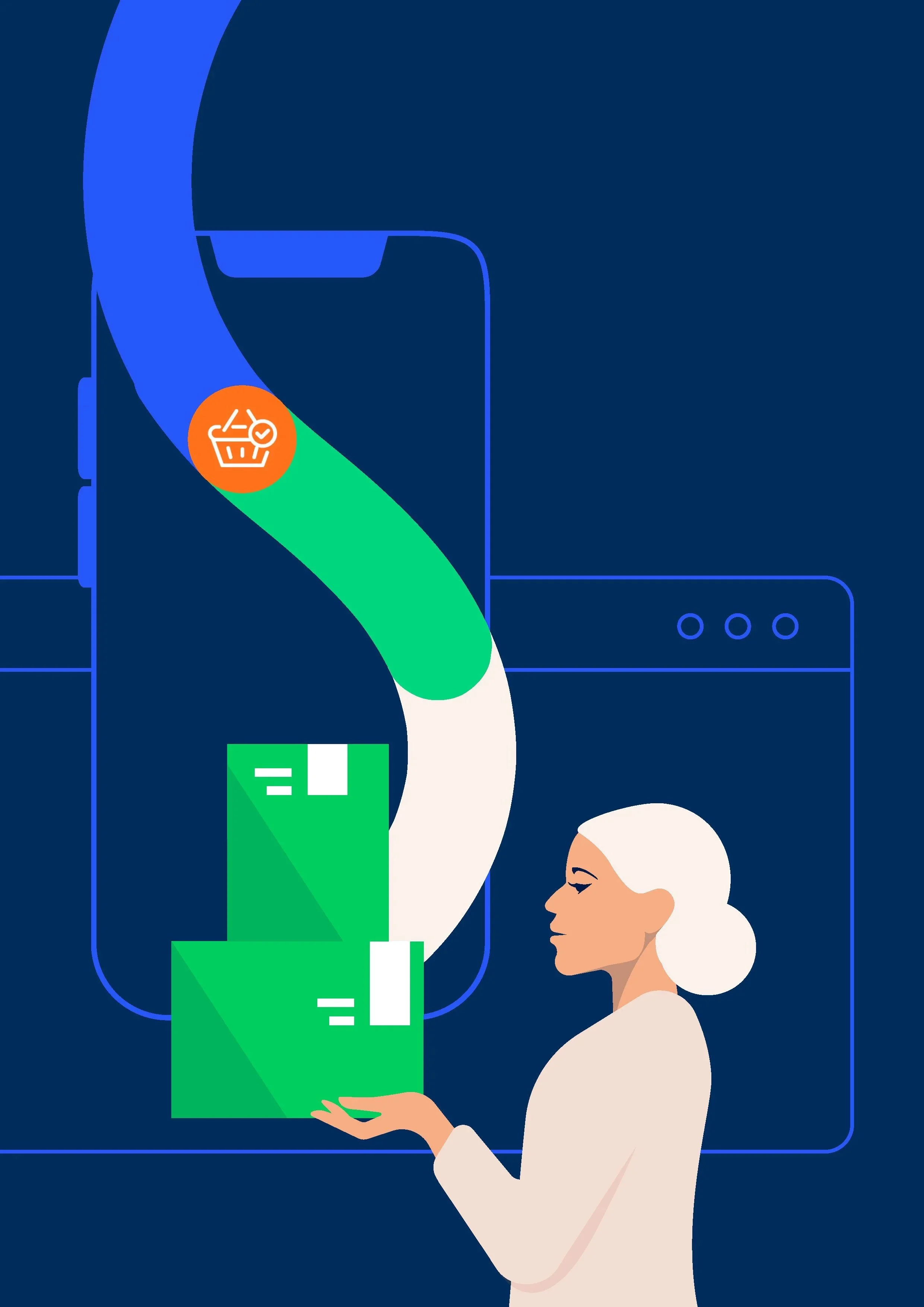 An illustration of a woman with white hair, holding a green box with white symbols. The background features a blue outline of a washing machine and a blue circle. There is an orange icon with a shopping cart and checkmark near the top left.