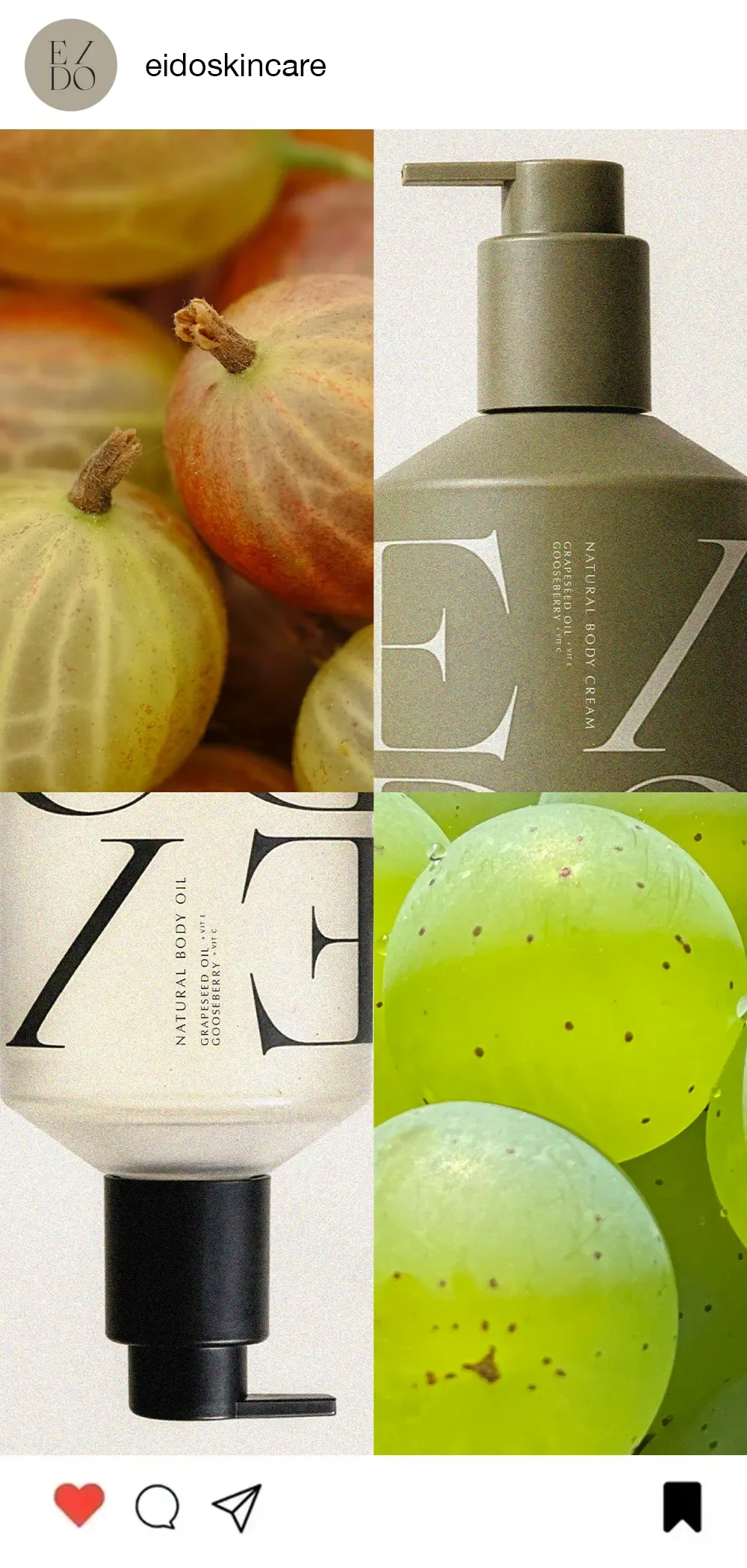 Collage of four images including fresh apples, a bottle of EID skincare cream, and a bunch of green grapes.