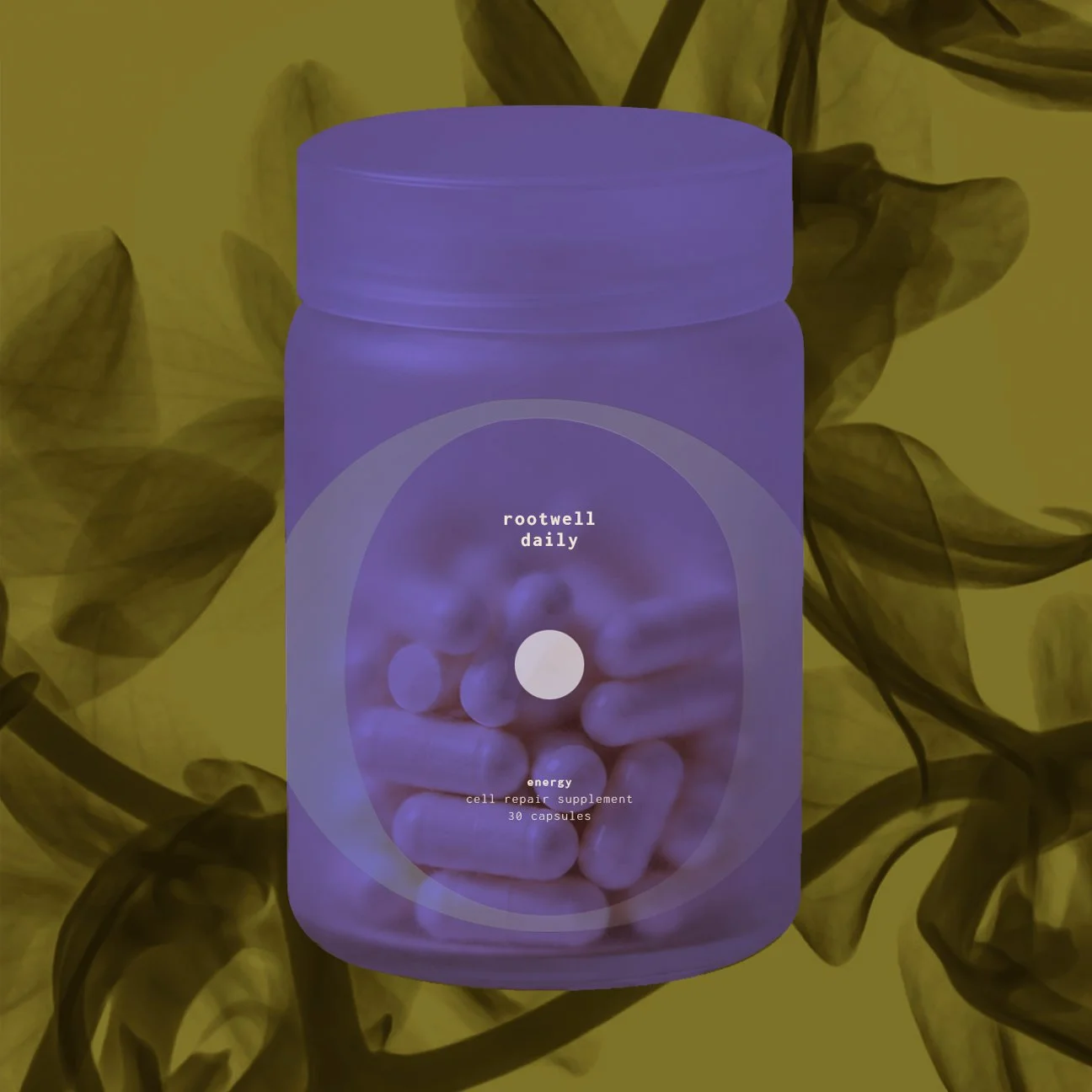 A purple bottle labeled 'rootwell daily' with a picture of capsules inside, described as an energy cell repair supplement containing 30 capsules, set against a yellow background with dark, leafy plant.