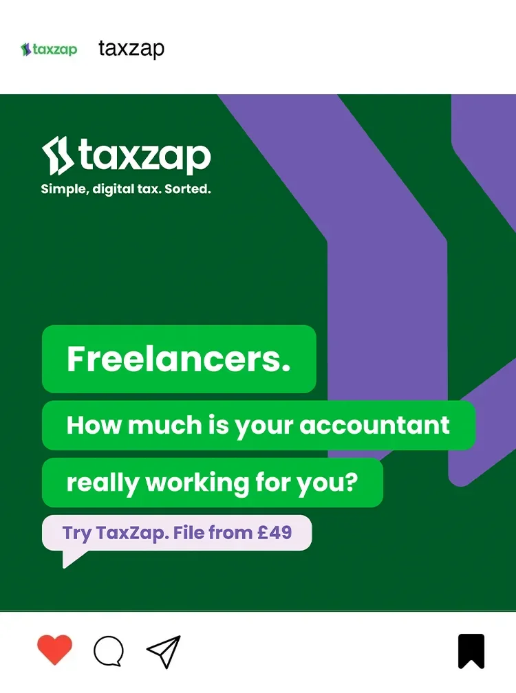 A promotional graphic for TaxZap advertising digital tax services for freelancers, with a green and purple color scheme and text highlighting affordability and efficiency, including a call to action to try TaxZap starting at £49.