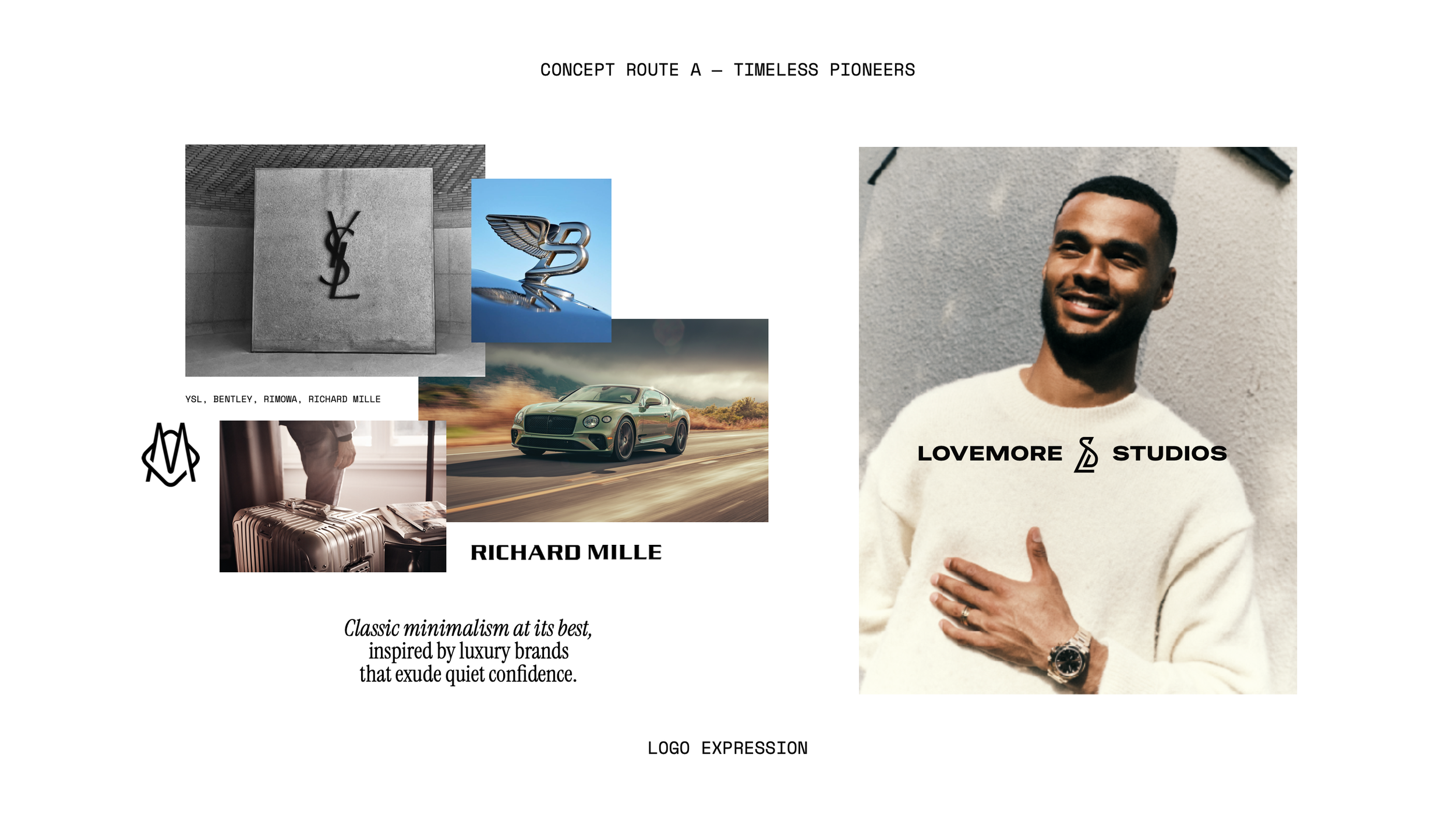 A collage of luxury brand images including Yves Saint Laurent, Bentley, Rimowa, Richard Mille, and Loewe Studios, with a portrait of a smiling man wearing a white sweater and a watch, set against a textured wall.