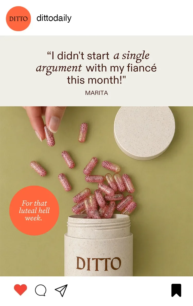 A white container labeled 'DITTO' with pink capsules spilling out, set against a light green background with a quote about avoiding arguments, and an orange circle with a phrase about tough weeks.