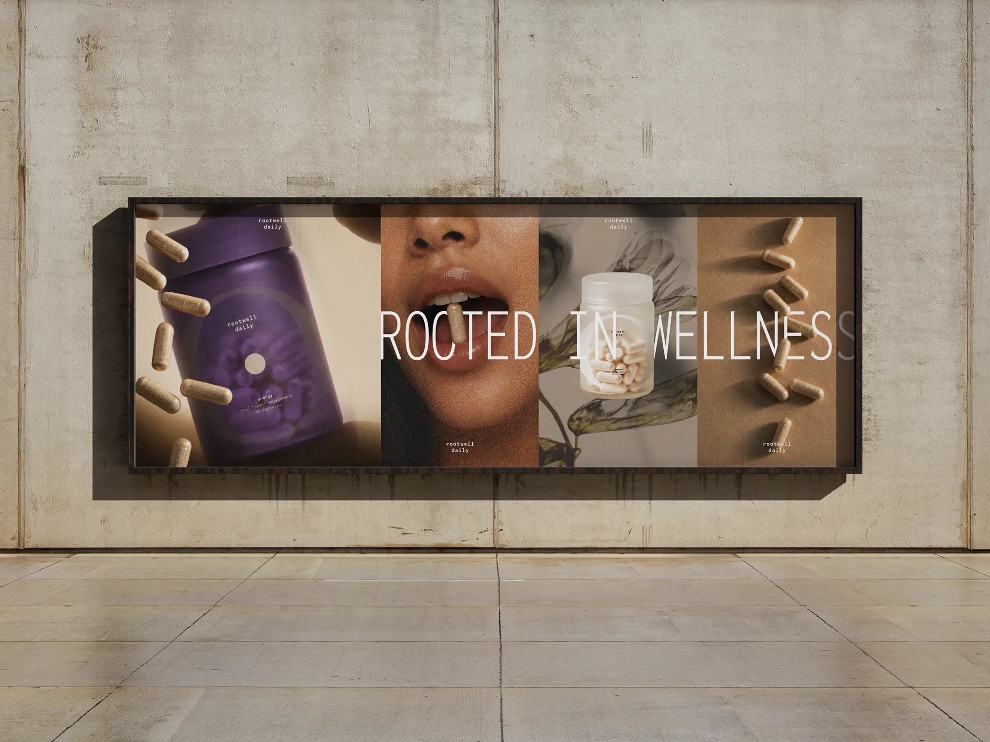 Large outdoor advertisement for wellness products featuring a purple supplement bottle, a woman's face with pills on her lips, and various supplement bottles, with the text 'Rooted in Wellness'.