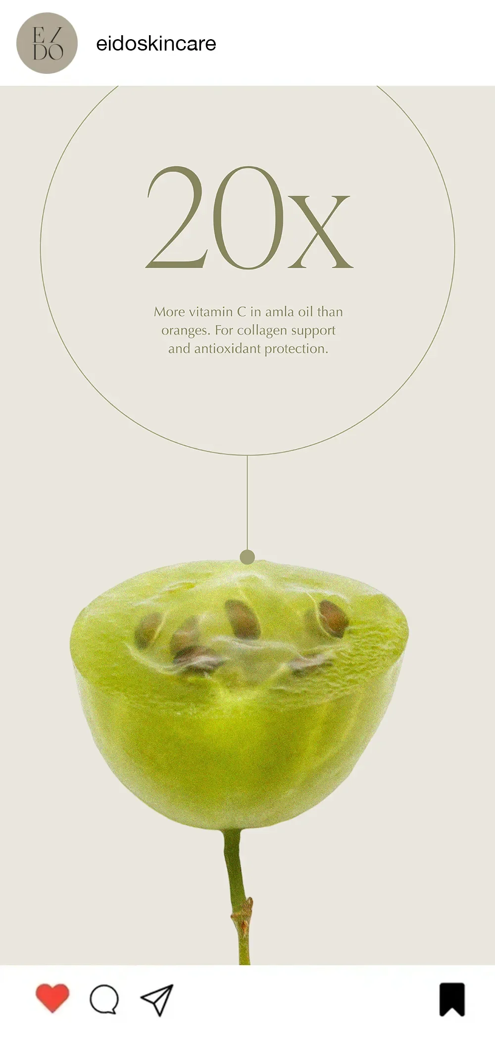 A promotional graphic from Eido Skincare features text indicating that their product contains 20 times more vitamin C in amla oil than in oranges, supporting collagen and providing antioxidant protection. The background is light beige with a halved green amla fruit showing seeds, positioned below the text.