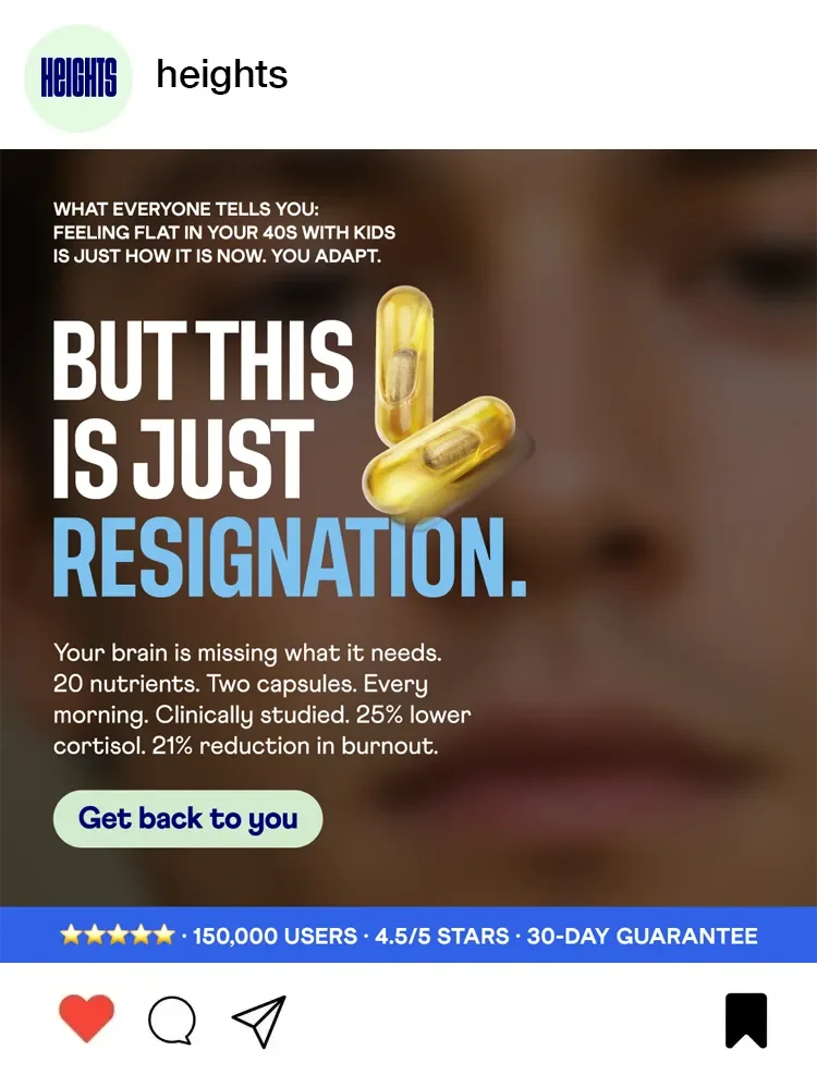 Advertisement for a supplement that promises to support brain health with two capsules daily, highlighting benefits such as lower cortisol and reduced burnout, with a background image of two yellow capsules and a blurred person's face.