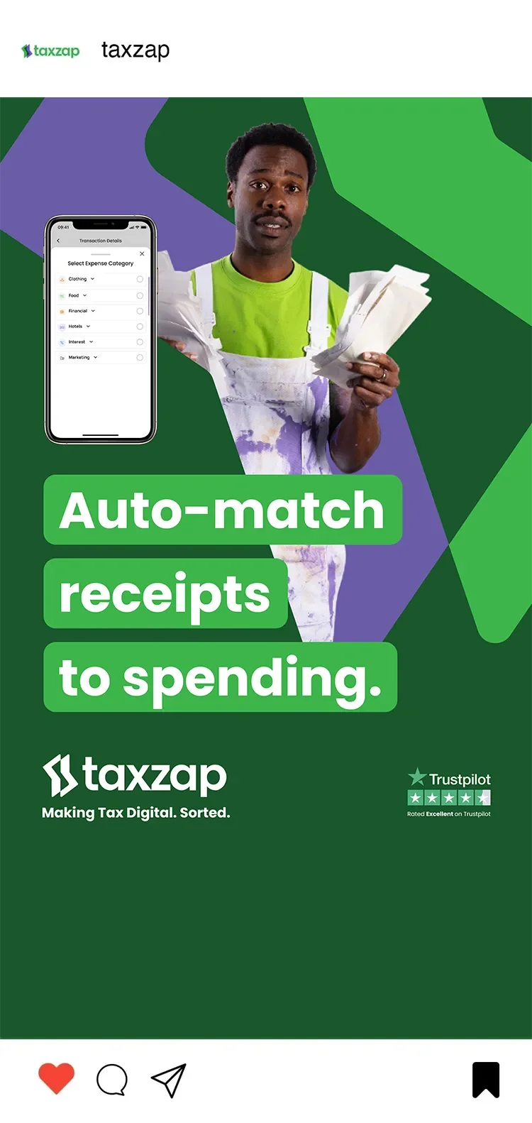 A man in a green shirt and white apron holding receipts, with an app screenshot showing expense categories, and text promoting automated receipt matching for spending, along with company branding for taxzap and Trustpilot rating.