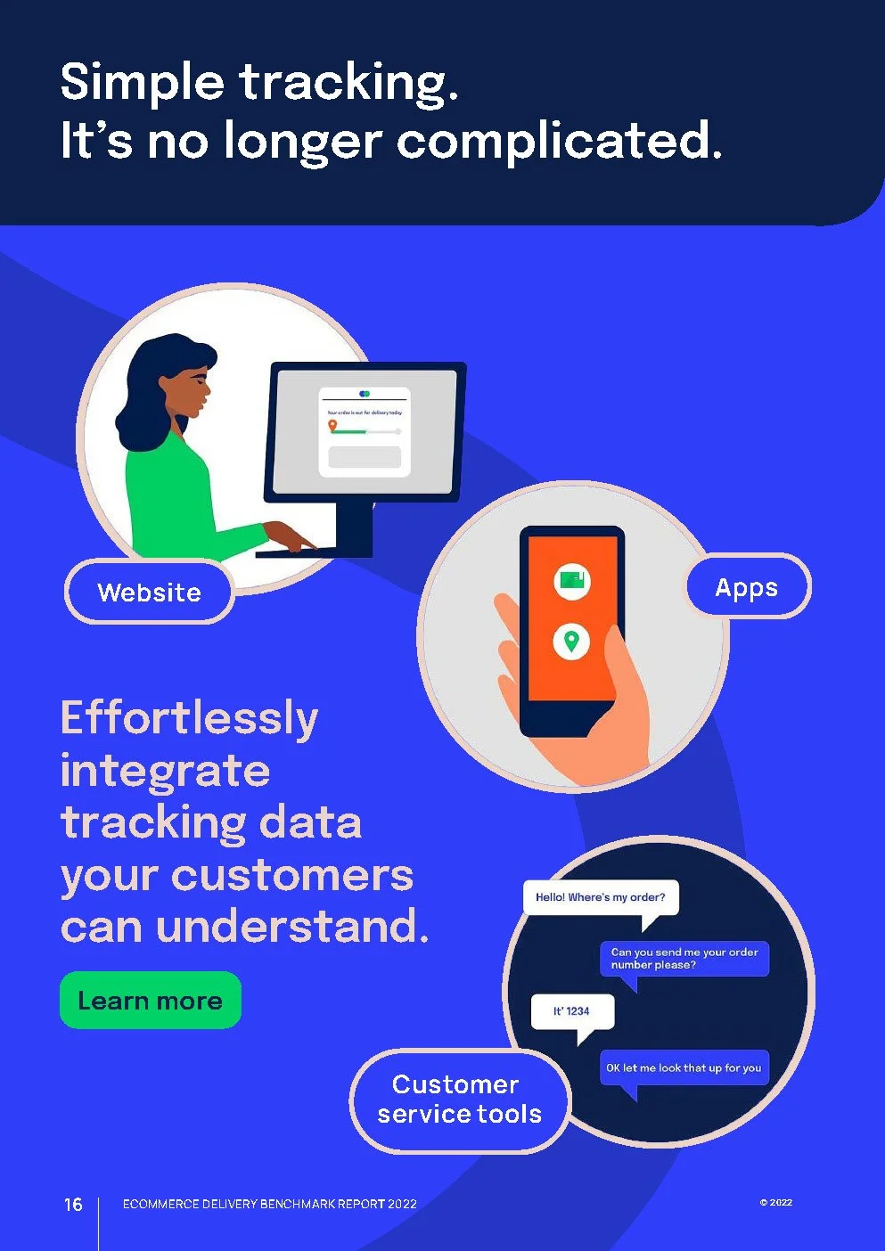 An infographic advertising simple and effortless tracking data integration for customer service through websites and apps, with visual illustrations of a woman using a desktop computer, a hand holding a mobile phone displaying location and payment icons, and a conversation with customer service tools.