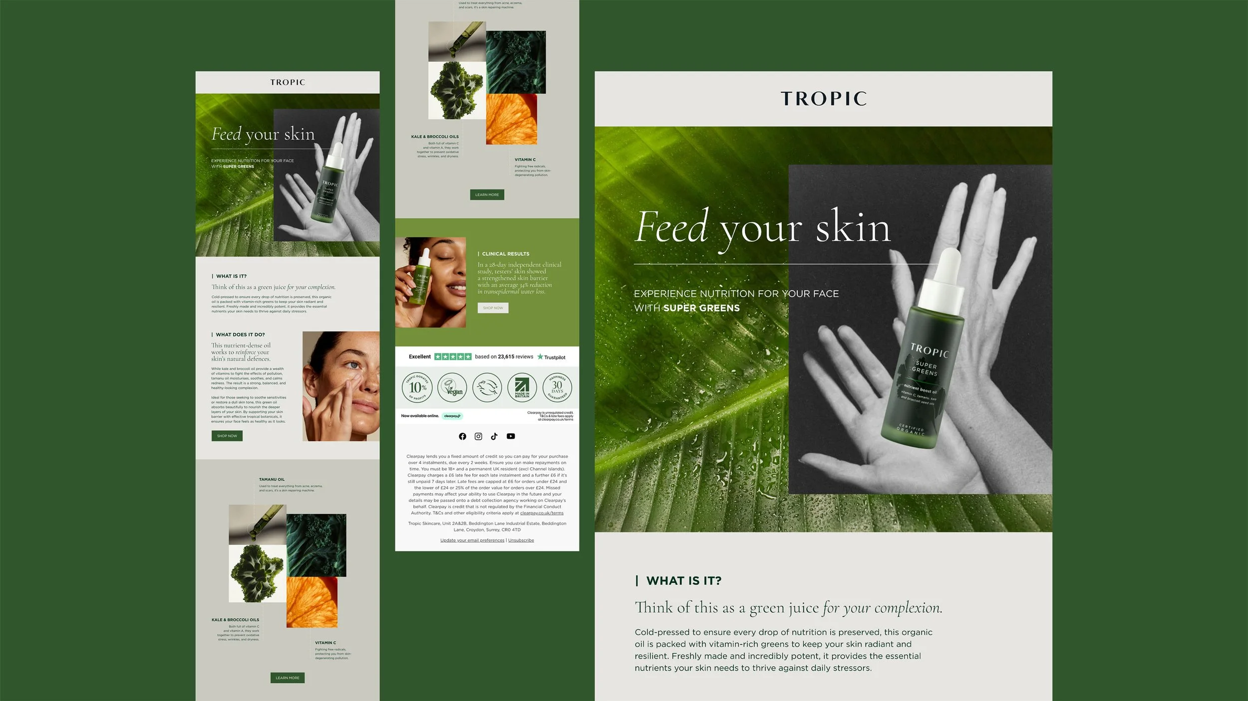 A promotional webpage for Tropic skincare featuring a green theme with images of skincare products, leaves, and vegetables. The main focus is a bottle of Tropic Super Greens serum held by a hand, with text promoting skin nutrition and green ingredients.