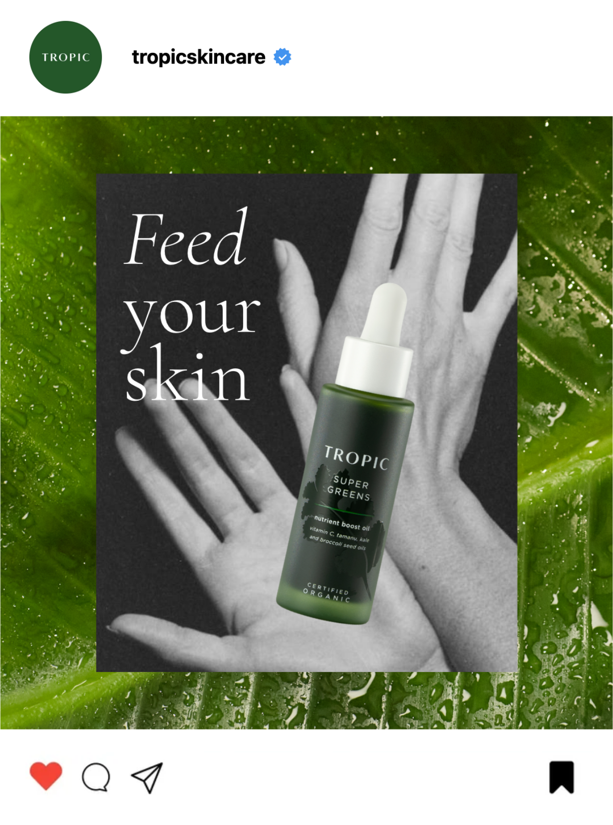 A skincare product named Tropic Super Greens nutrient boost oil with a green bottle and white dropper cap, overlaid on a monochrome image of hands, with the text 'Feed your skin' and a background of green leaves with water droplets.