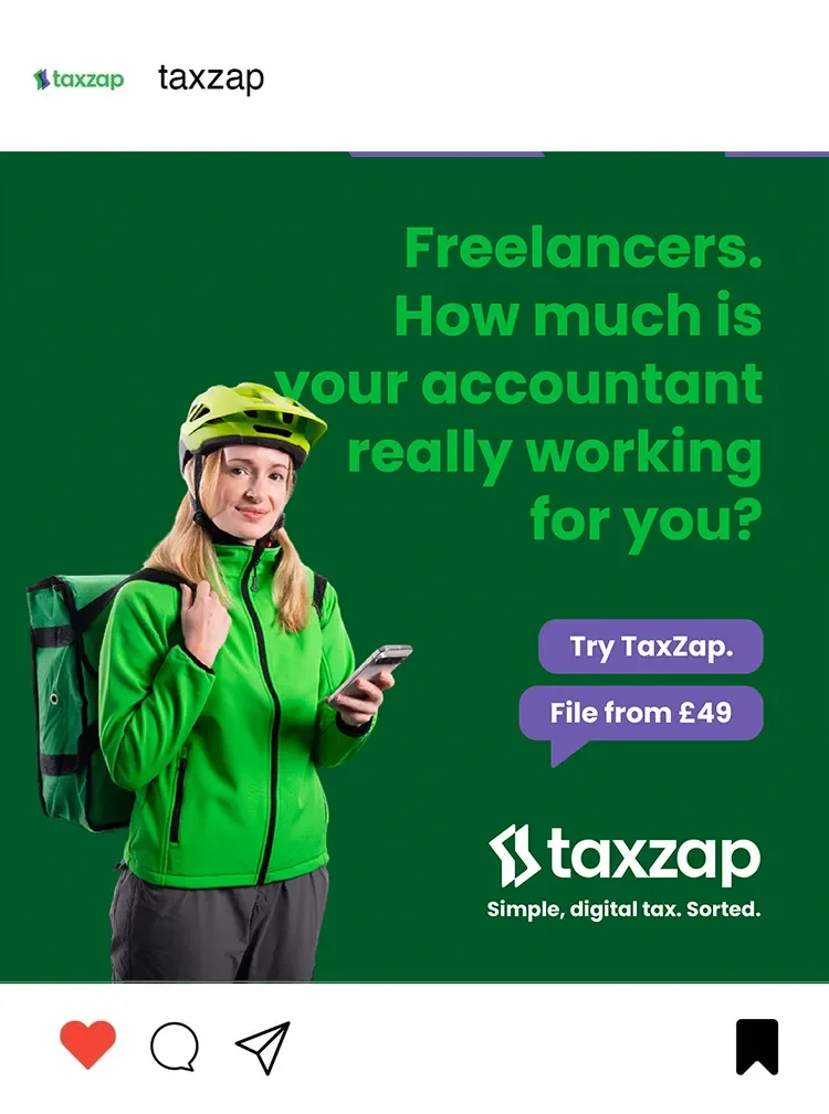 An advertisement for TaxZap featuring a female delivery person in a green jacket and helmet, holding a smartphone. The ad asks, 'Freelancers. How much is your accountant really working for you?' and offers a trial and prices for digital tax services.