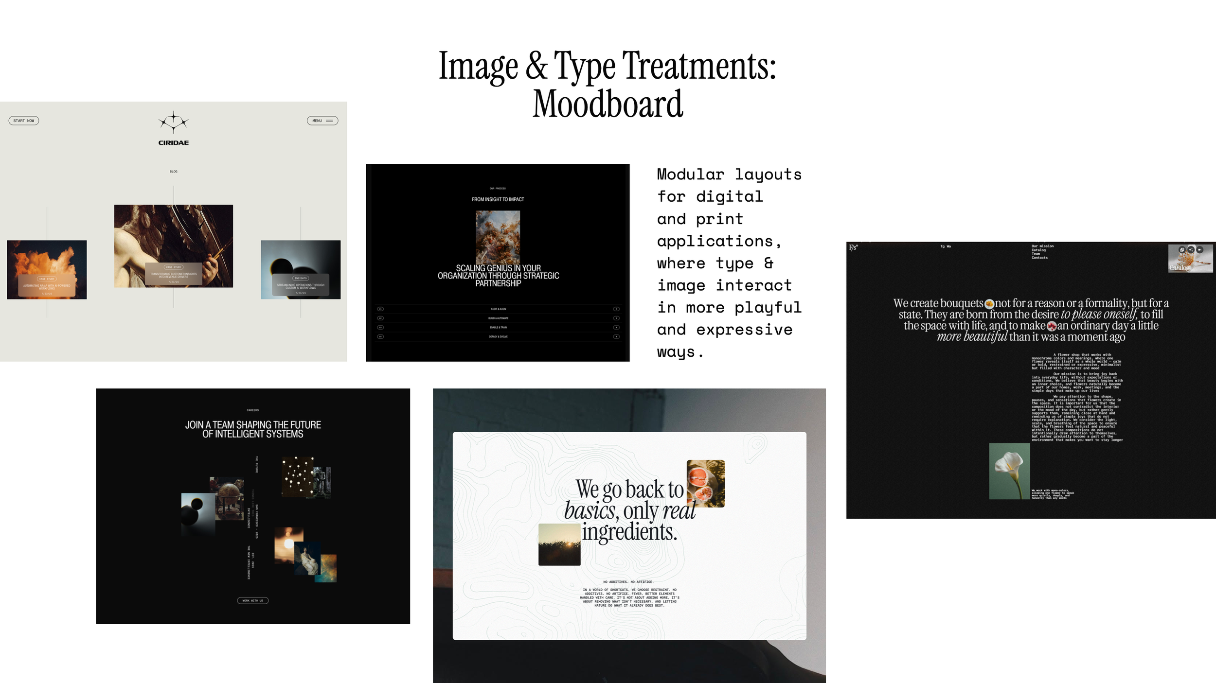 Multiple digital design moodboards showcasing layouts and visual concepts for different applications.