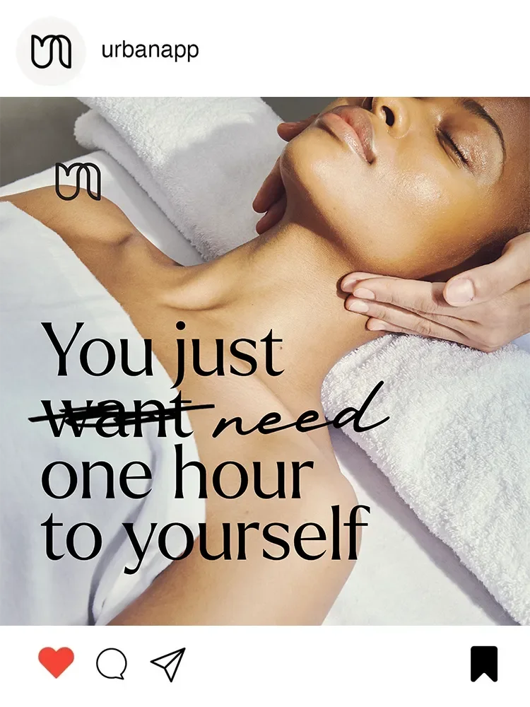 A woman receiving a massage with an overlay text that says, "You just need one hour to yourself."