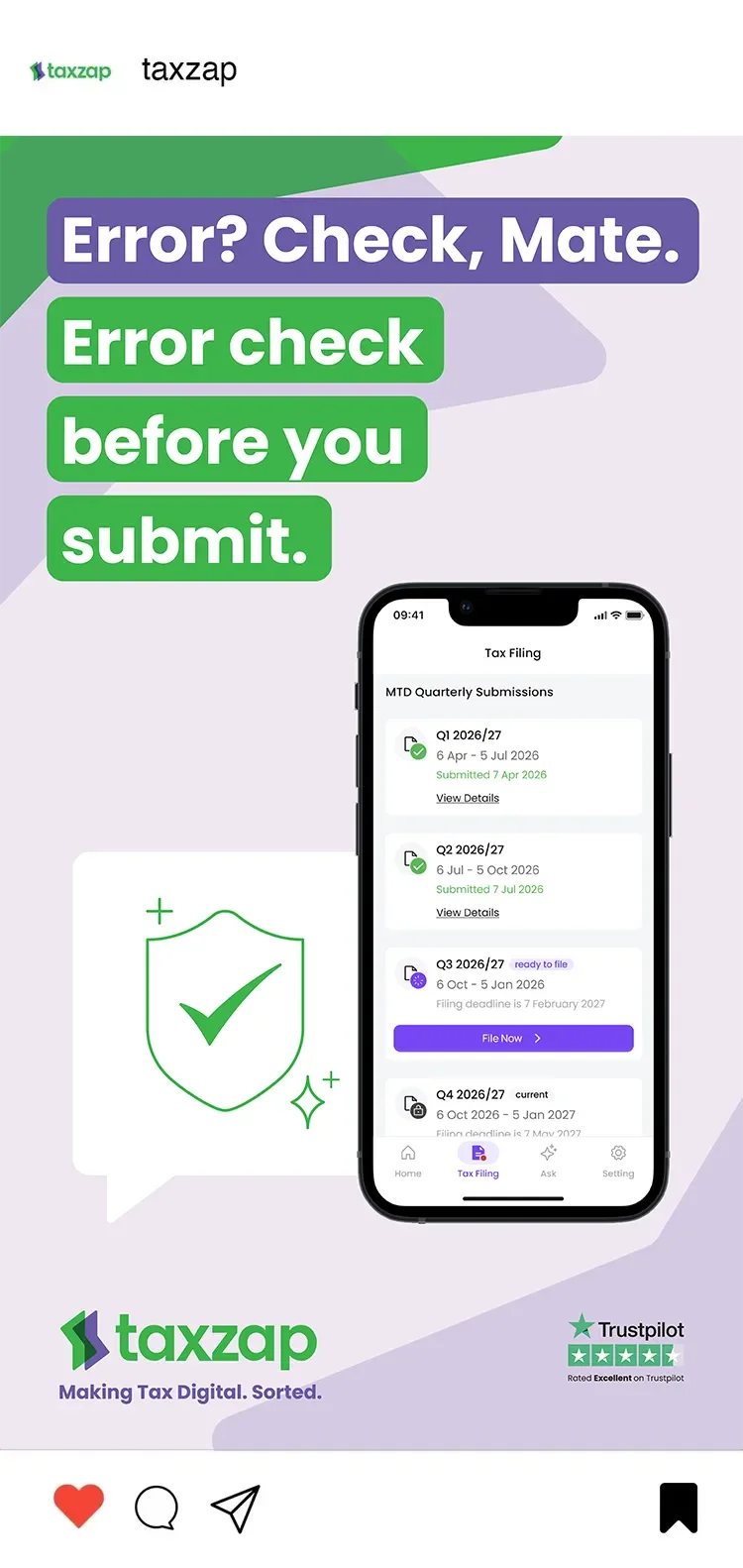 A promotional graphic for Taxzap displaying a smartphone with tax filing submission statuses, a shield icon with a checkmark, and text emphasizing error checking before submitting taxes. The graphic also showcases Trustpilot ratings and the Taxzap logo with the tagline "Making Tax Digital. Sorted.".