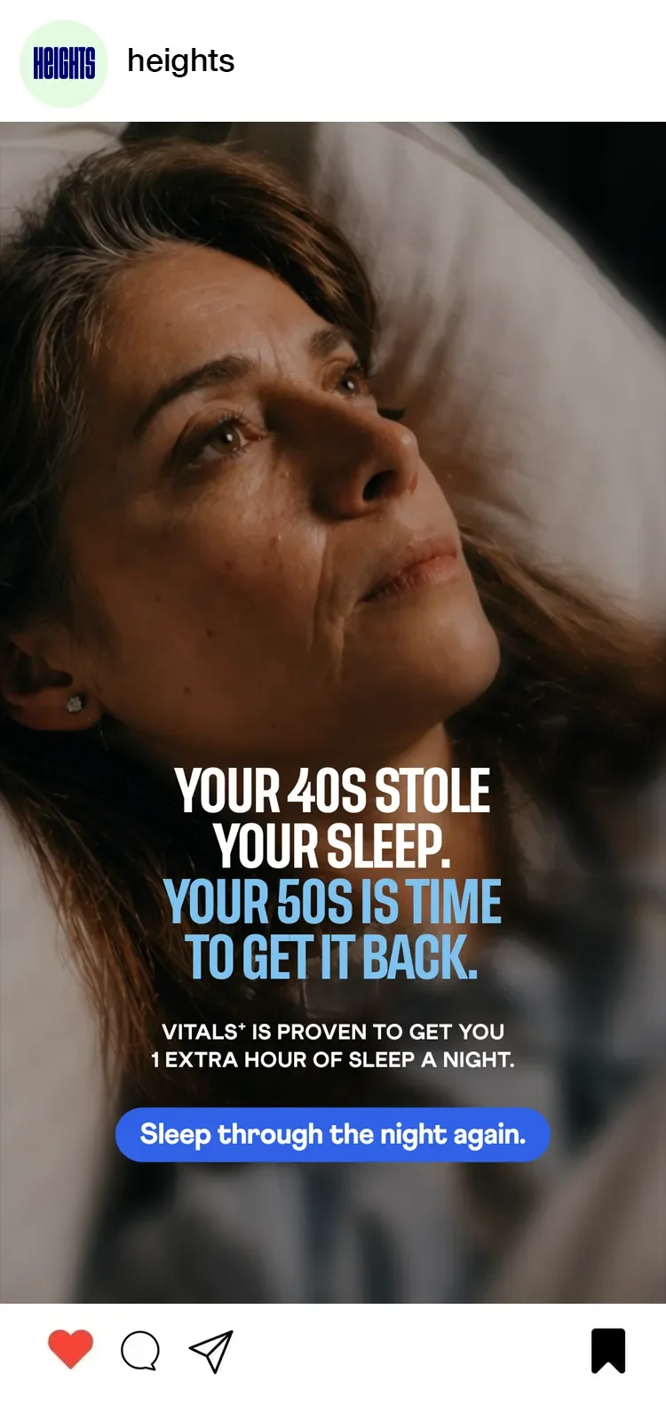 A woman lying in bed, looking pensive, with text overlay about sleep and age-related sleep patterns, promoting a sleep product.