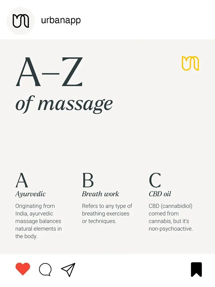 An infographic titled "A-Z of massage" from Urban App, featuring sections on Ayurveda, Breath work, and CBD oil with brief descriptions.