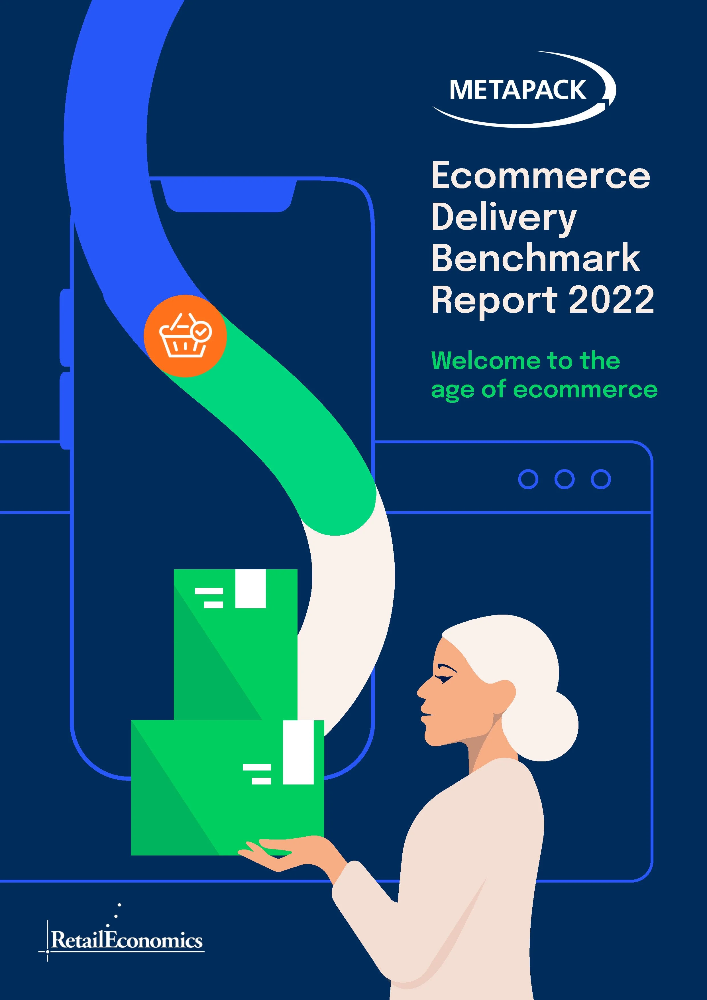 Cover page of the 2022 Ecommerce Delivery Benchmark Report by META, featuring an illustration of a woman with white hair holding a large green package, and an abstract background with the Retail Economics logo.