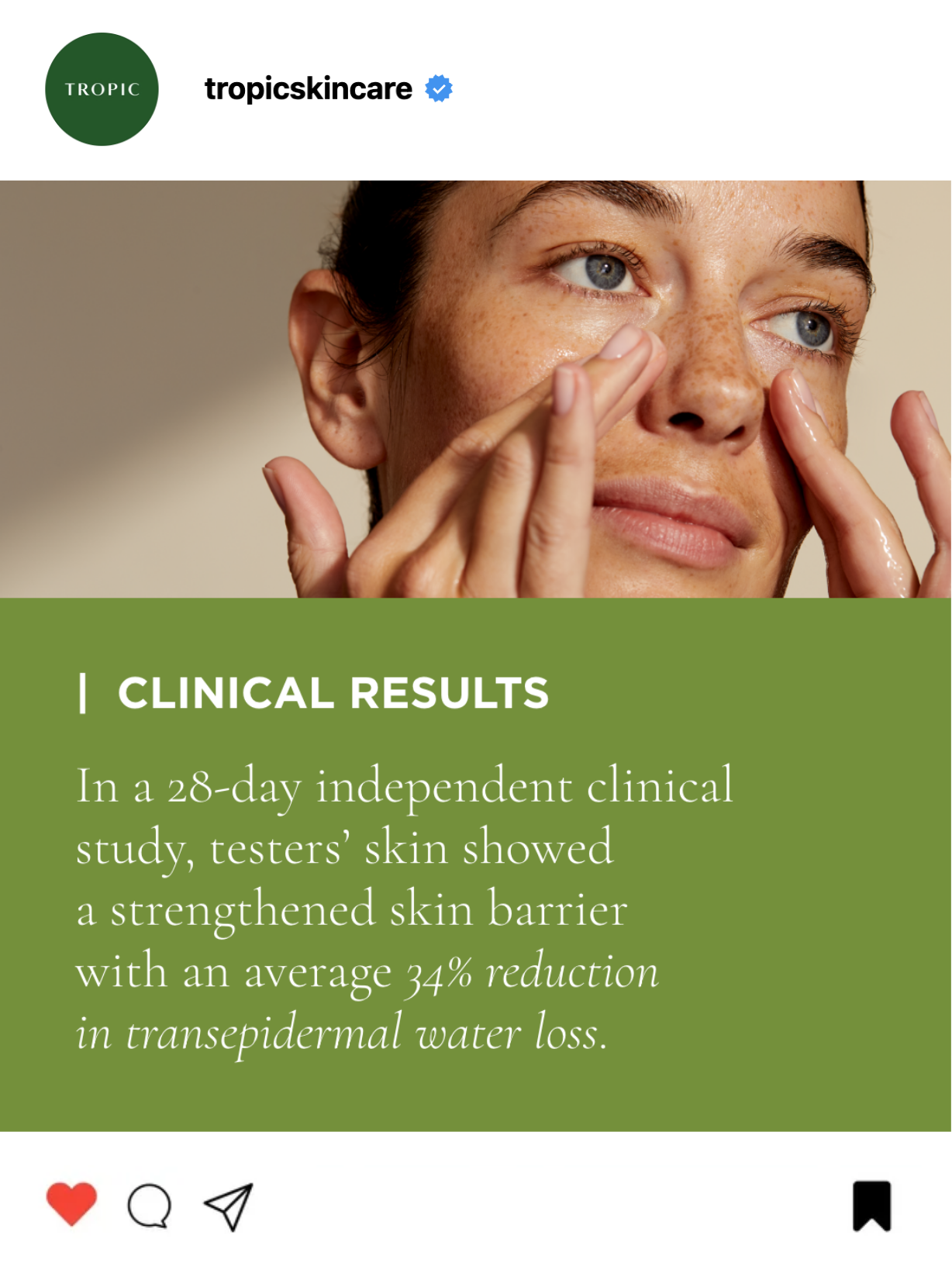 Close-up of a woman applying skincare to her face, with a text overlay about clinical results showing a 34% reduction in trans epidermal water loss after a 28-day study.