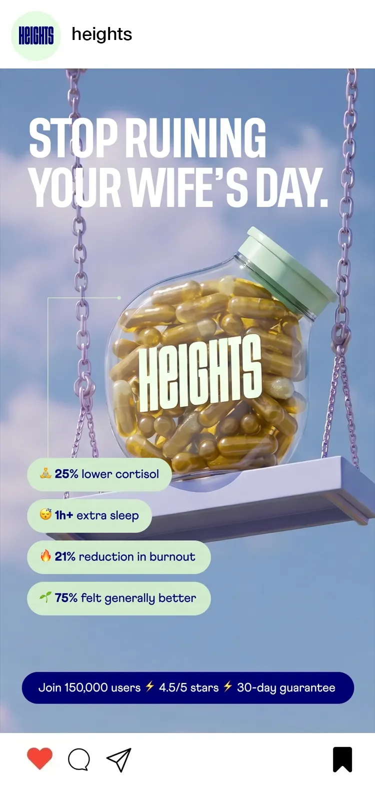 A digital illustration promoting a health supplement. It features a glass jar shaped like a piggy bank filled with capsules, with the caption 'Stop ruining your wife's day.' and benefits listed such as lower cortisol, extra sleep, reduced burnout, and feeling better. The background shows a blue sky with clouds, and there are social media icons at the bottom.