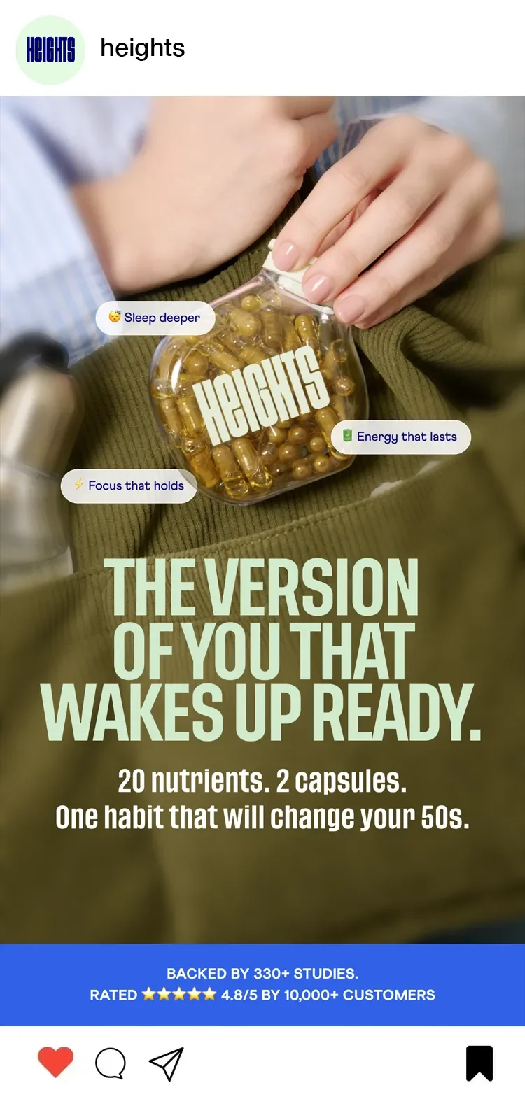 Close-up of a person's hands holding a small jar labeled 'HEIGHTS' filled with golden capsules, with overlay text describing health benefits and promotional information for a supplement.