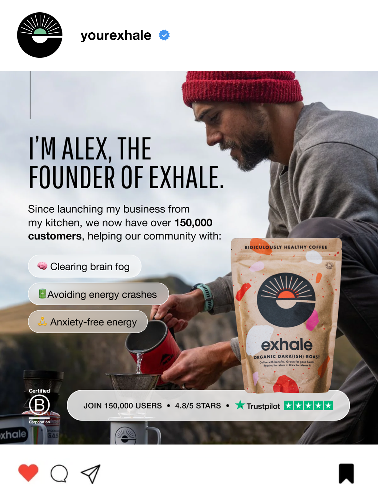 Man with a beard and red beanie pouring hot water into a cup outdoors. In the foreground, a bag of Exhale organic dark roast coffee and a coffee mug are visible, with text highlighting health benefits and social media statistics.