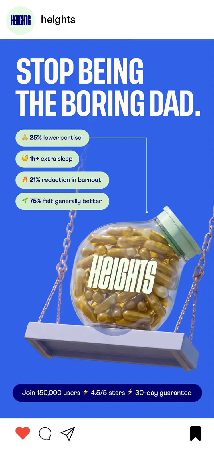 Digital infographic promoting a supplement called 'Heights' with a blue background, large bold text 'Stop Being the Boring Dad,' and a large jar of capsules labeled 'Heights' hanging from a scale. The infographic lists benefits like 25% lower cortisol, over 1 hour extra sleep, 21% reduction in burnout, and 75% felt generally better. Also mentions joining 150,000 users, a 4.5-star rating, and a 30-day guarantee.