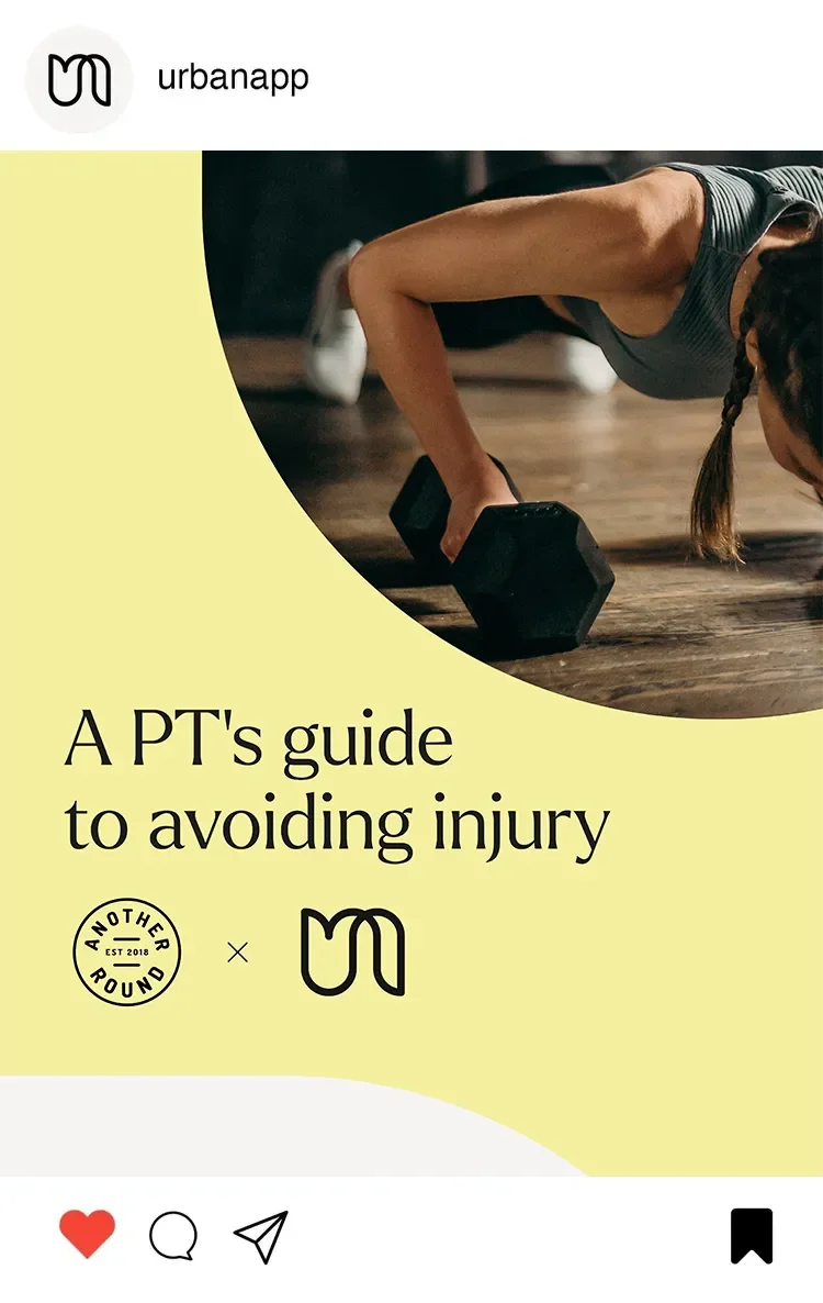 A person performing a push-up with dumbbells, promoting a guide on avoiding injury from a collaboration between Urban App and Another Round.