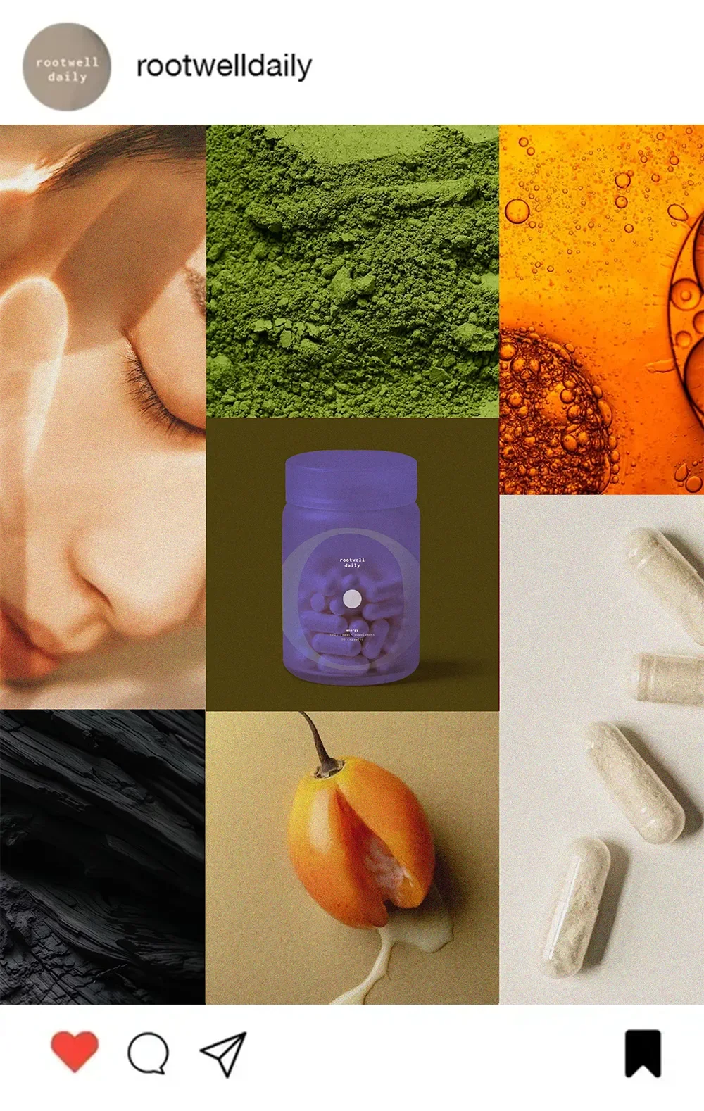 Collage of nine images, including a person sleeping, green powder, orange bubbles in liquid, medication bottle, a partially eaten orange fruit, white pills, black textured surface, and a cream-colored item.