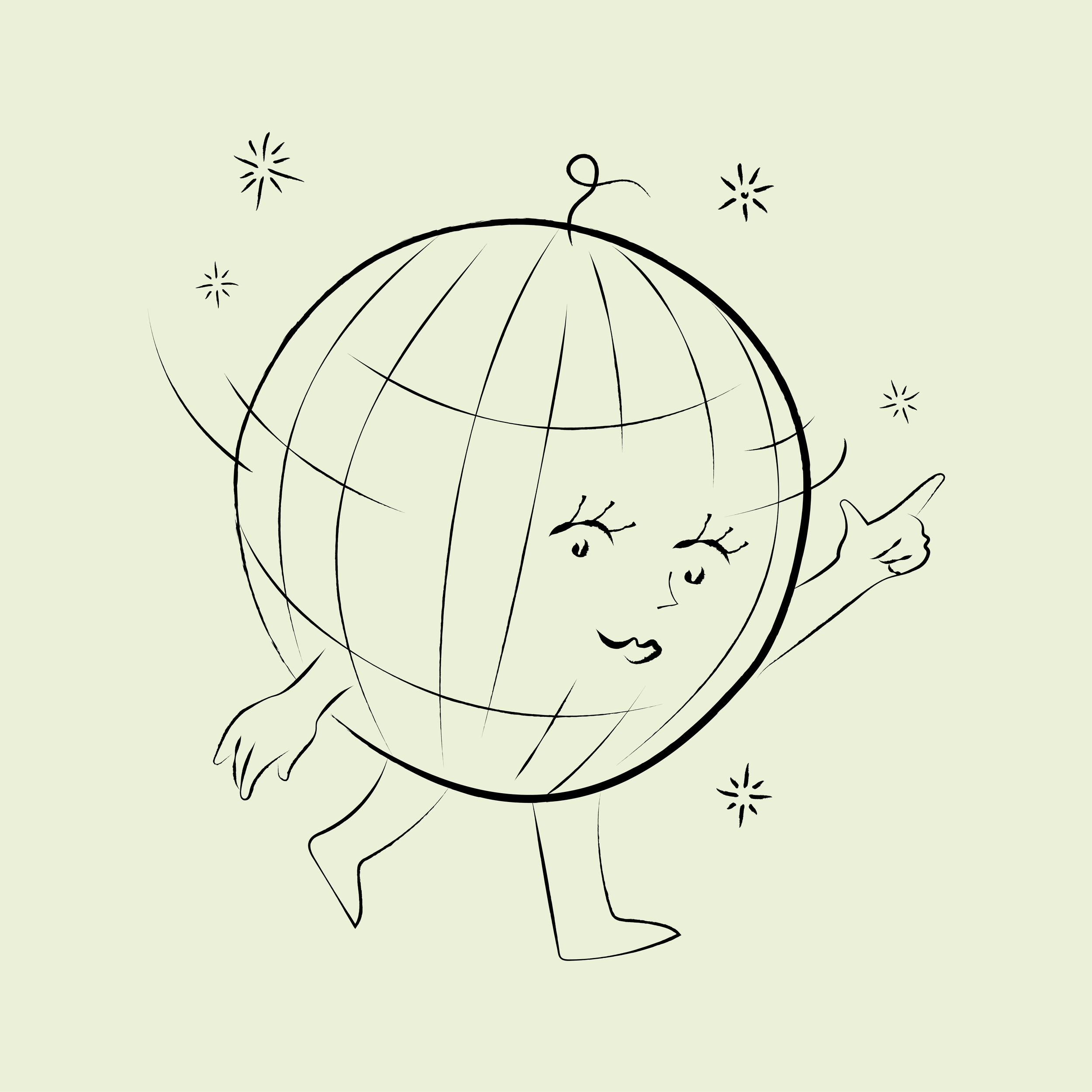 A black line drawing of a globe with a child's face and hat, surrounded by small starburst shapes on a pale green background.