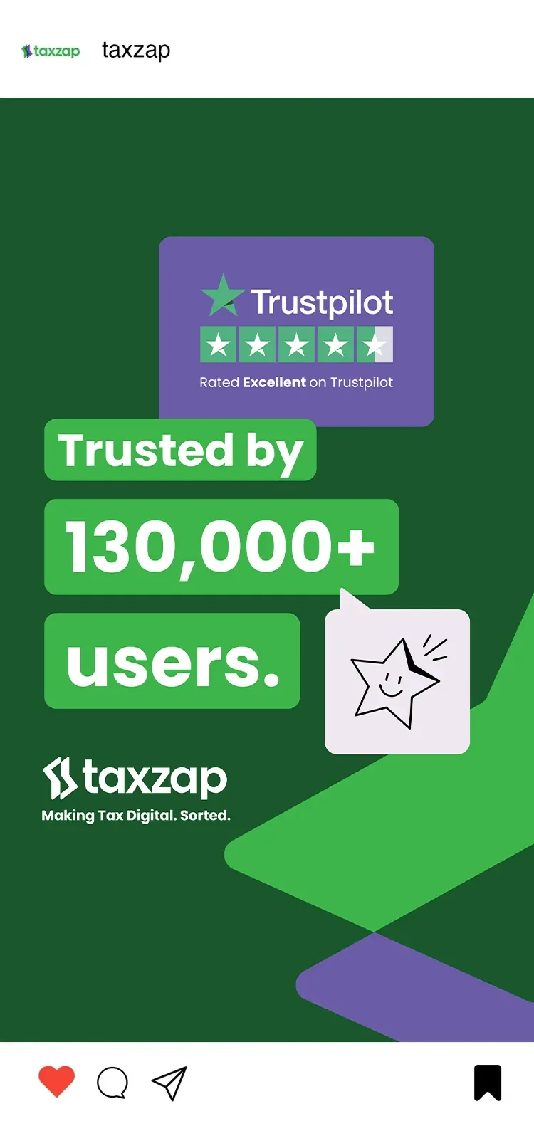 Advertisement for Taxzap, a tax service app, highlighting Trustpilot rating of 'Excellent' with over 130,000 users.