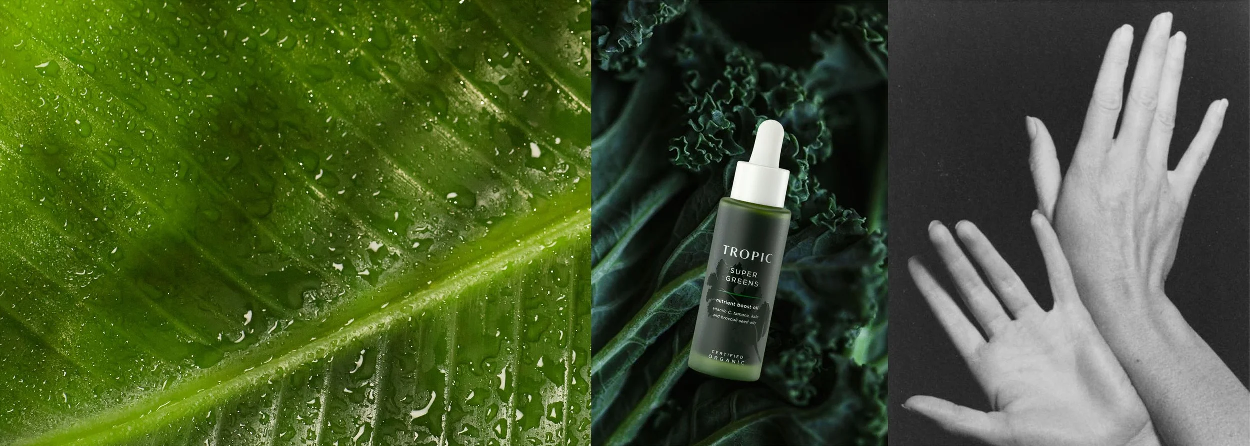 Close-up of a green leaf with water droplets, a bottle of Tropic Super Greens nutrient boost oil on green leafy background, and a black-and-white photo of a woman's hands.