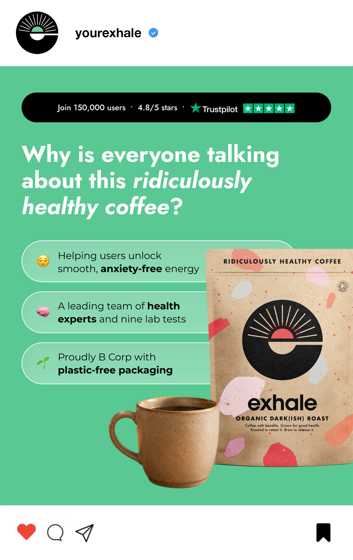 Social media post about healthy coffee by yourexhale, showing a bag of Exhale organic dark roast coffee, a mug of coffee, and key features such as being anxiety-free, health-oriented, and eco-friendly packaging.