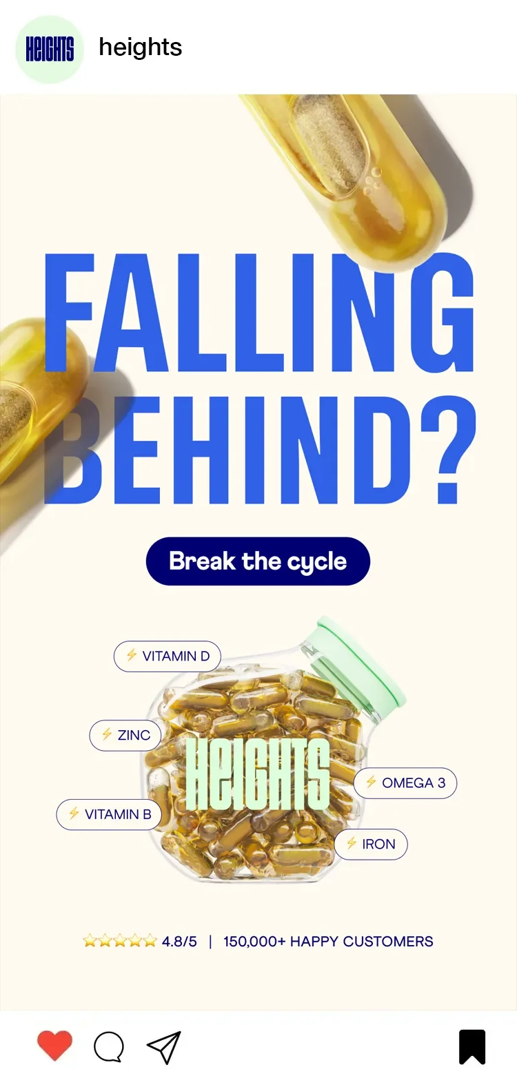 Promotional graphic for a health supplement with capsules labeled as 'VITAMIN D,' 'ZINC,' 'VITAMIN B,' 'OMEGA 3,' and 'IRON,' featuring bold text 'FALLING BEHIND?' and a call to action 'Break the cycle'.