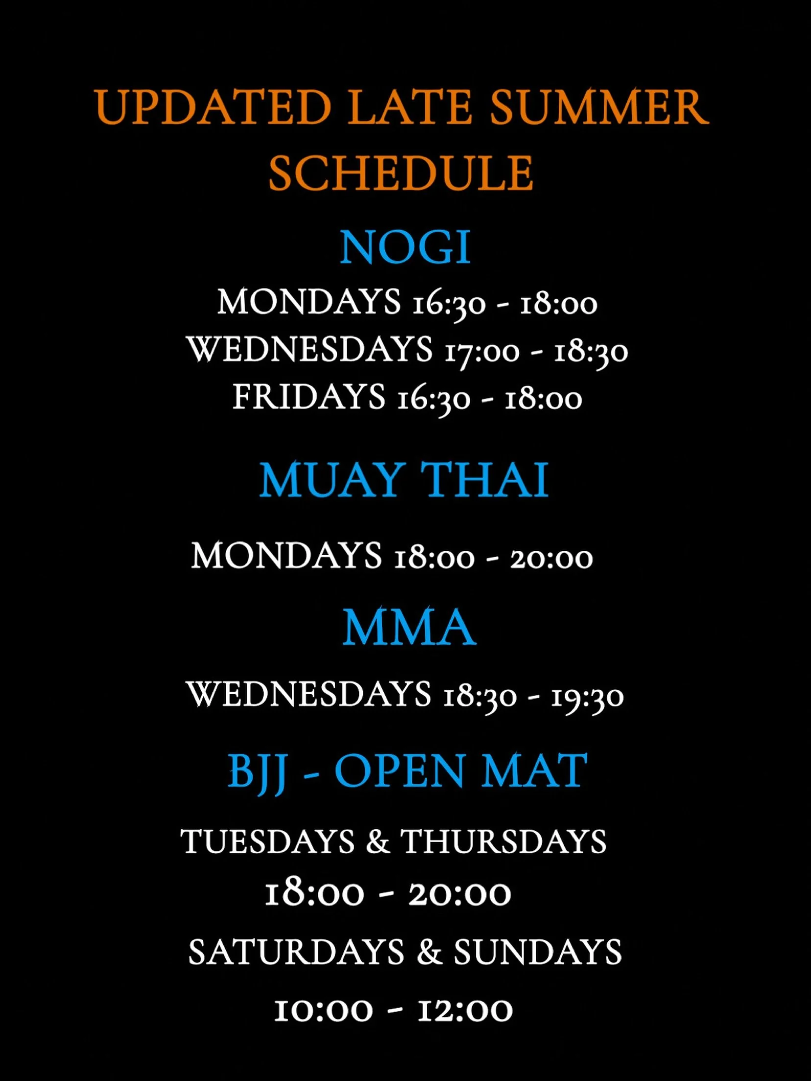 We are slowly getting back to normal schedule. NOGI and MMA are back to regular classes, and kickboxing will start back up on Wednesday August 19th. We are back to normal for all classes from August 17th, with beginners course in Brazilian Jiu Jitsu.