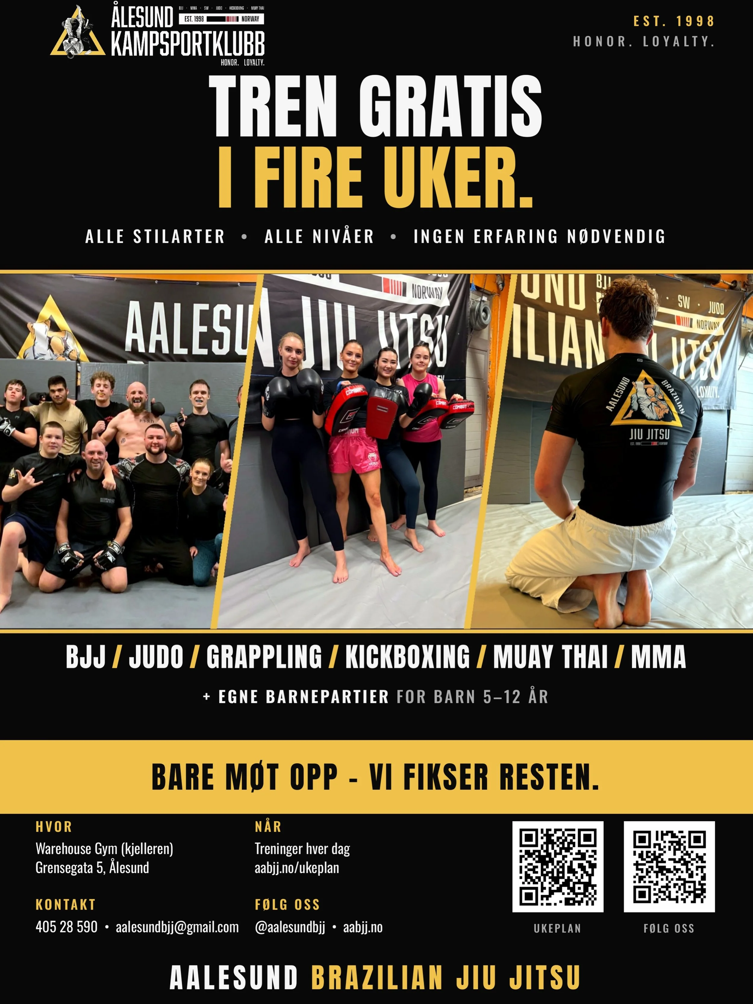 Lyst til &aring; begynne med kampsport? 🥋

⭐ Tren gratis i fire uker &ndash; bare m&oslash;t opp!

Hos &Aring;lesund Kampsportklubb trener barn, ungdom, studenter og voksne side om side &ndash; noen for mosjon og milj&oslash;, andre mot konkurranse 