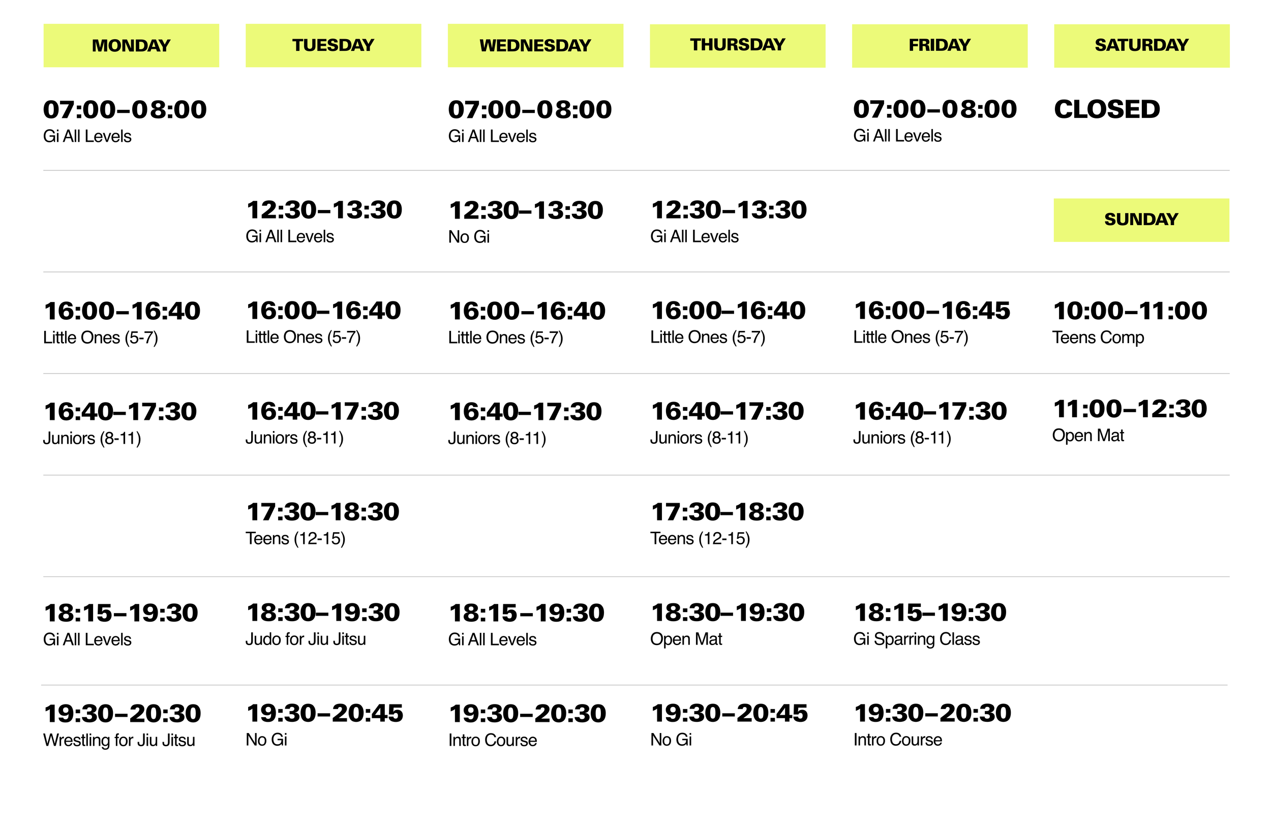 Weekly class schedule with days Monday through Saturday, listing times and class names such as Gym, Judo, Wrestling, and Kickboxing, including age groups and levels.