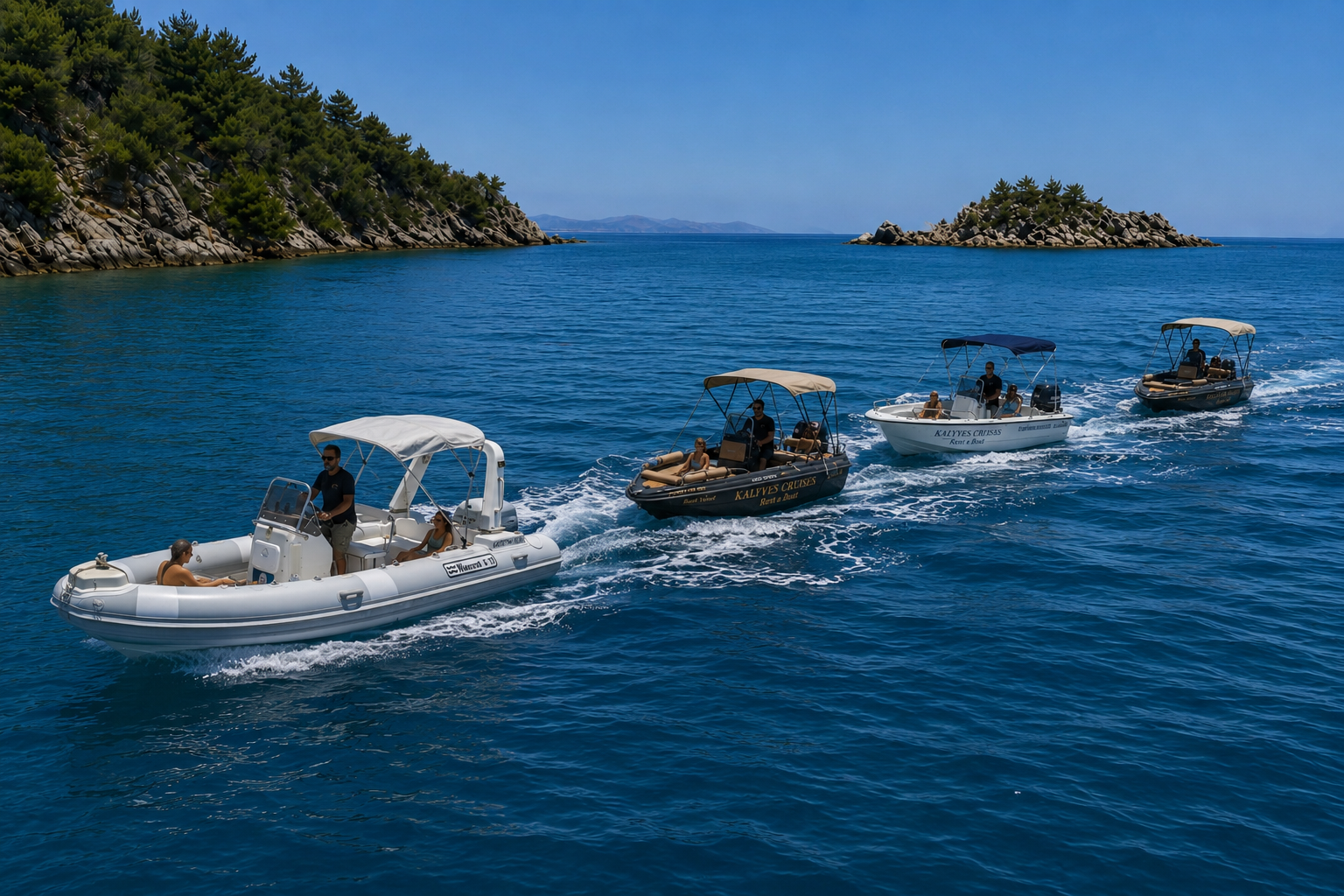 Four small motorboats with people on board cruising in the ocean near rocky islands and green trees under a clear blue sky.