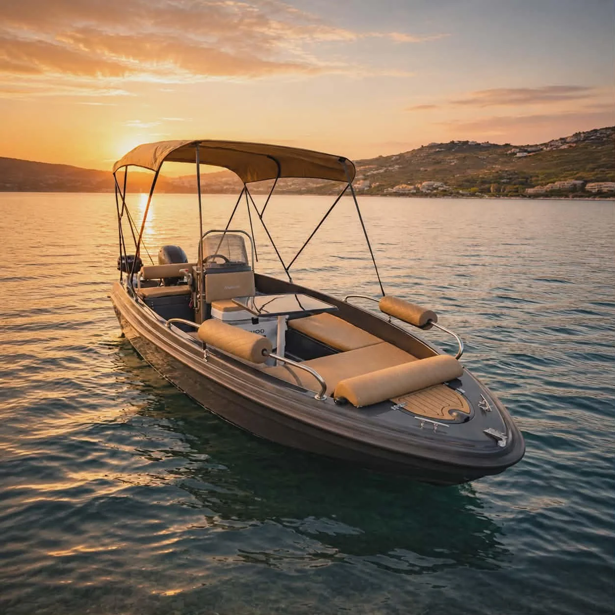 A motorboat floating on calm water during sunset, with hills and houses in the background.