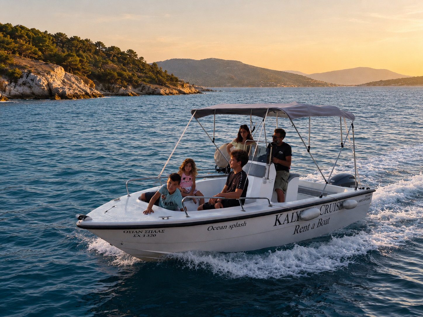 A group of five people on a small motorboat cruising on the water at sunset near rocky, tree-covered hills.
