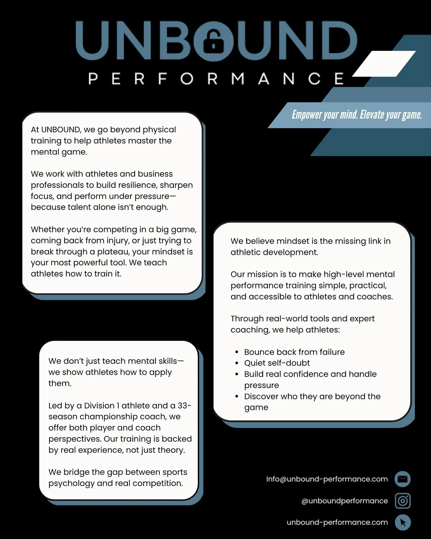 Your mindset is your greatest competitive edge.
And yet&hellip; most athletes never train it.

At UNBOUND Performance, we help athletes build the confidence, resilience, and focus to perform under pressure&mdash;on and off the field.

🎙 Listen to ou