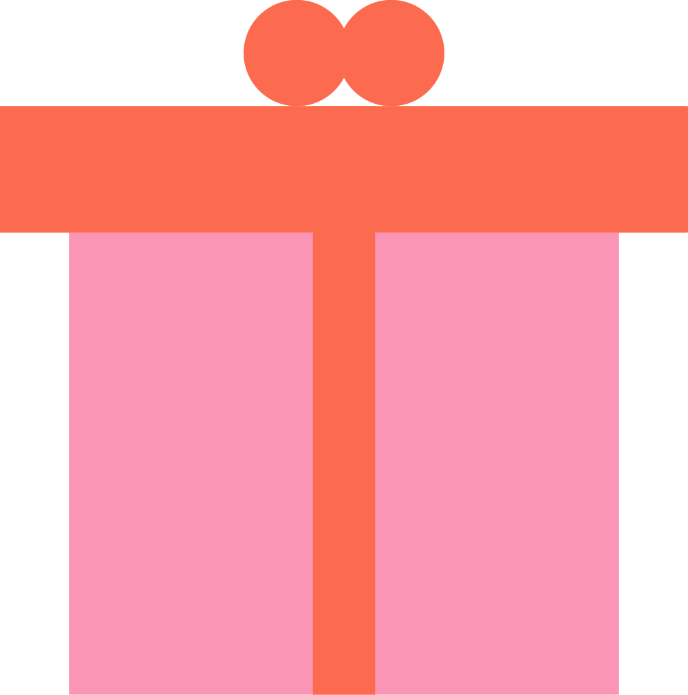 Une illustration de cadeau avec un ruban rouge et deux nœuds roses en haut.