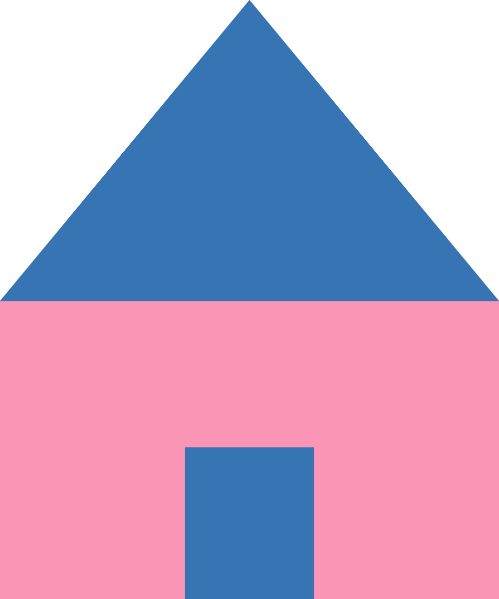 Illustration d'une maison rose avec un toit en forme de triangle bleu.