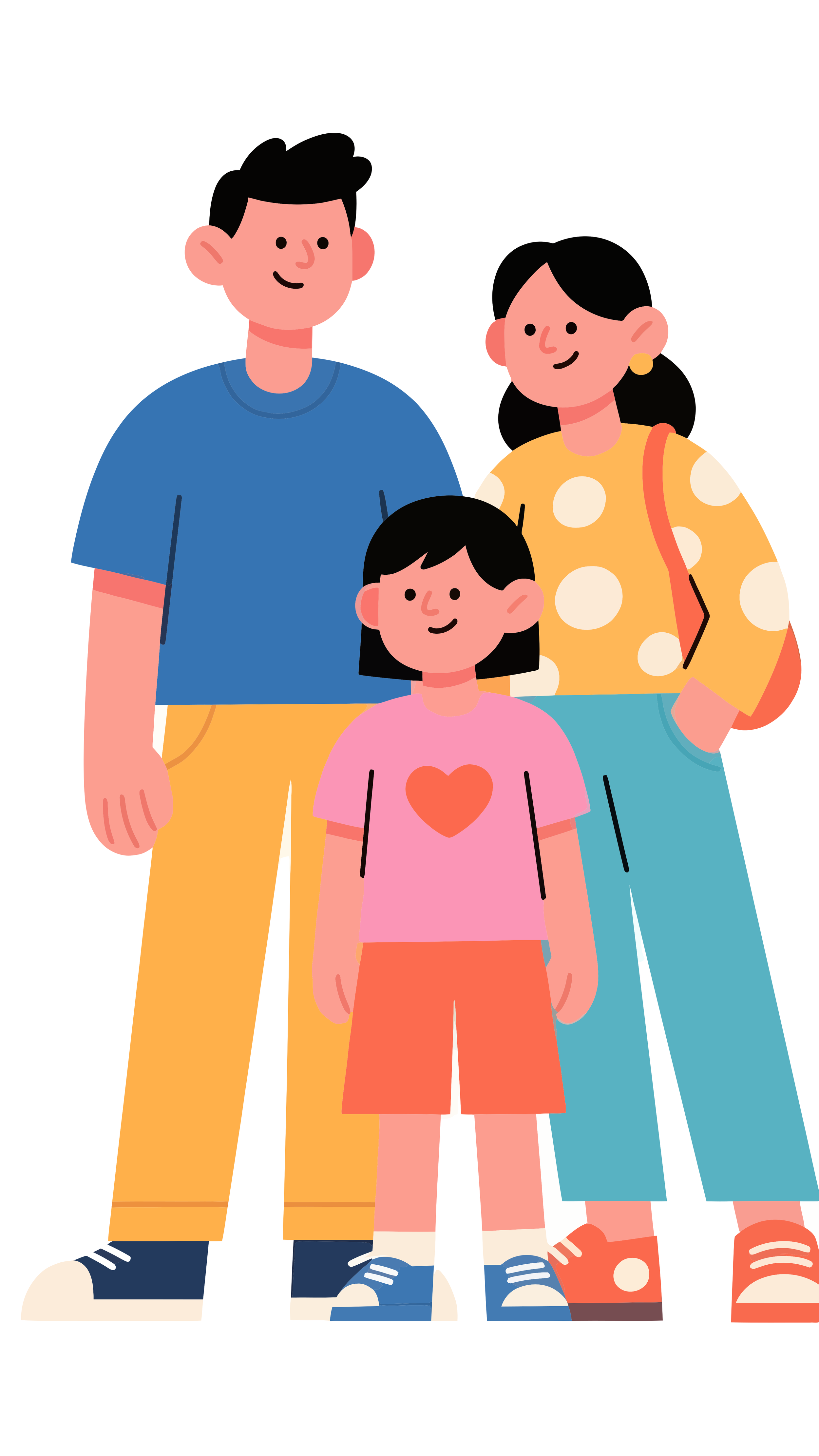 Illustration d'une famille de quatre personnes avec deux adultes et deux enfants, tous souriants, portant des vêtements colorés éclatants.