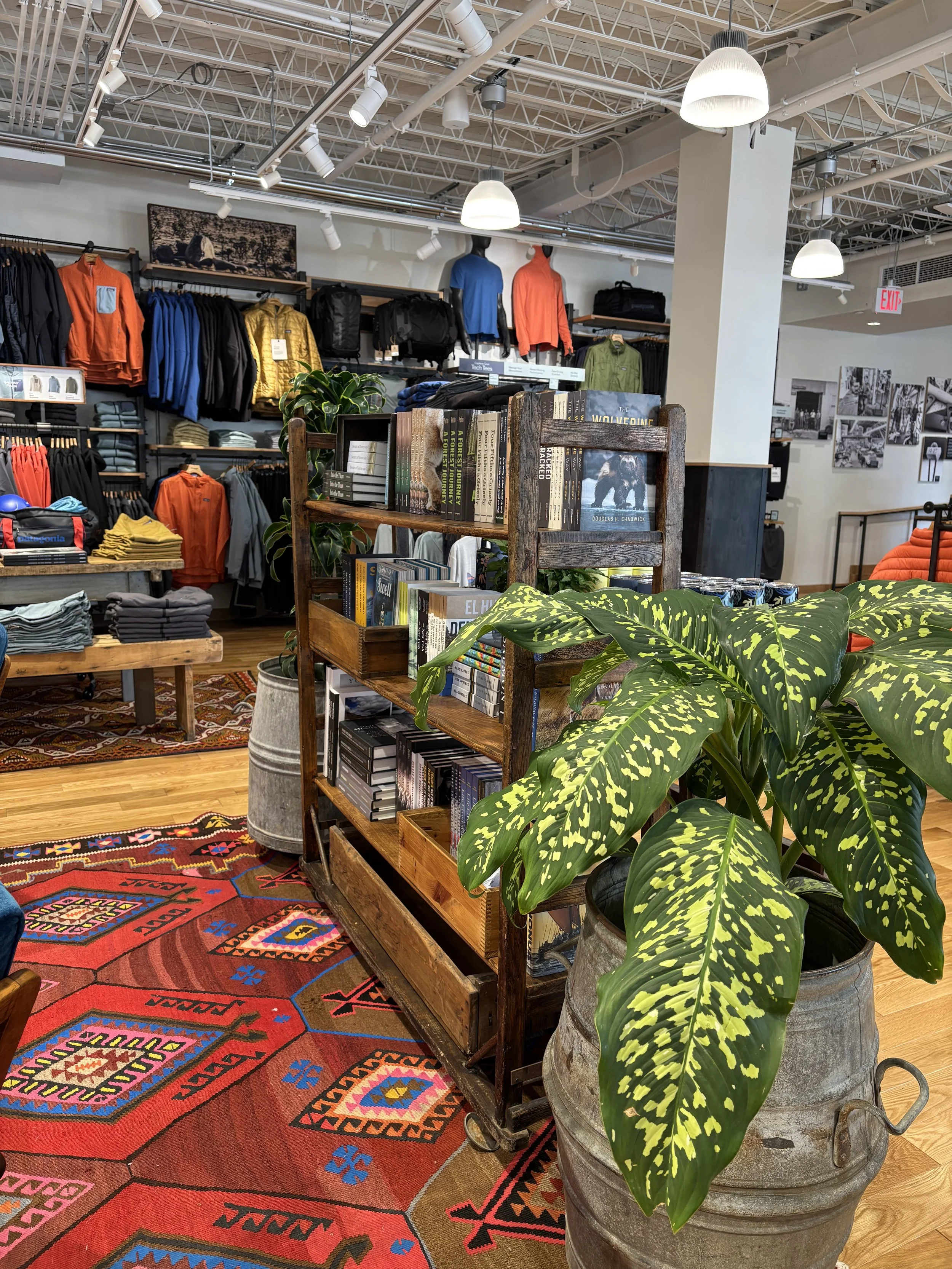 Photo inside a retail store with displays of clothing and books.