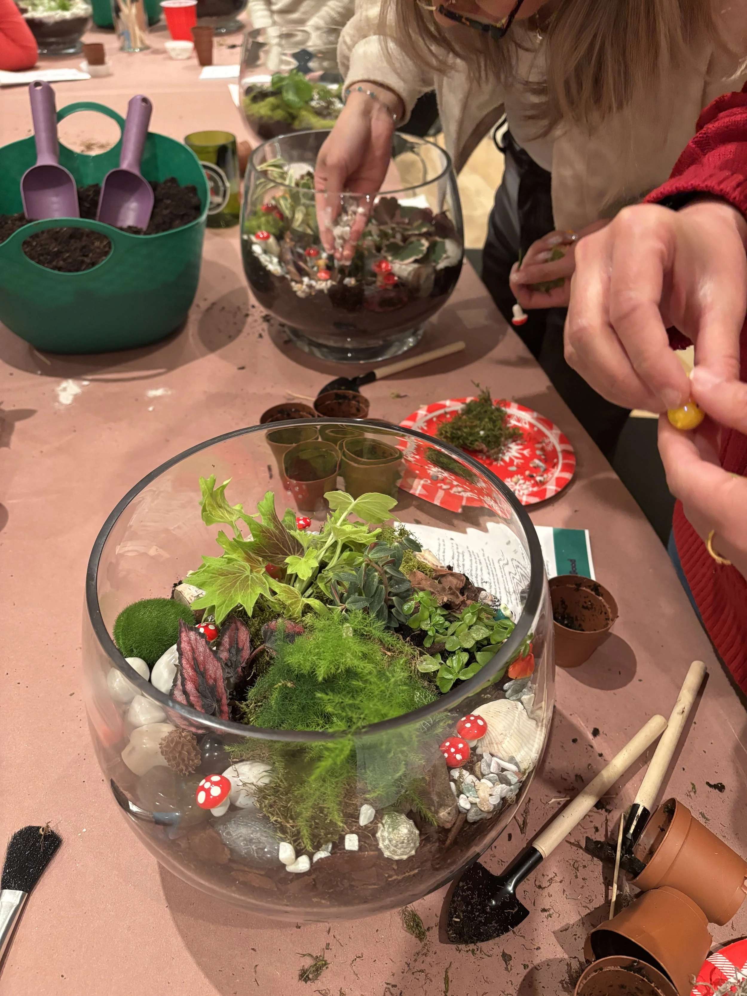 Woman adding decorative stones to a glass terrarium bowl with plants
