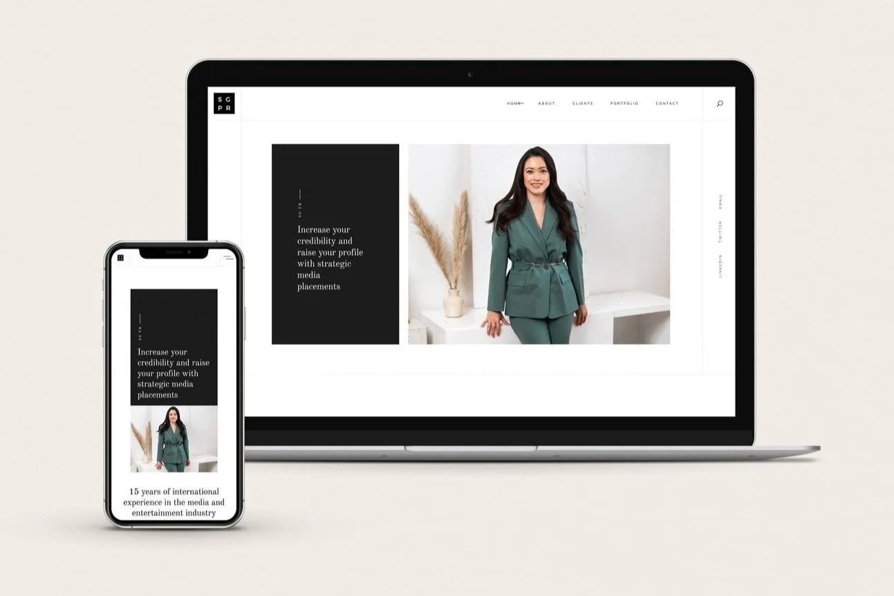 laptop and iphone display of website for a PR agent, woman in green suit leaning against desk on homepage of website