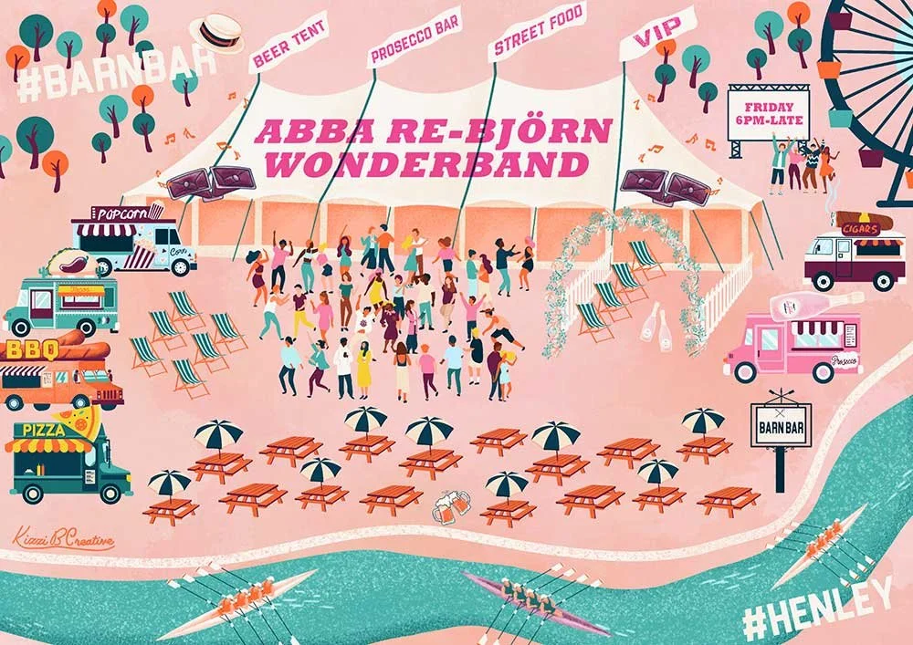 GRAPHIC ILLUSTRATION OFM A MAP SHOING THE BARN BAR AND ALL THE STREET FOOD VENDORS