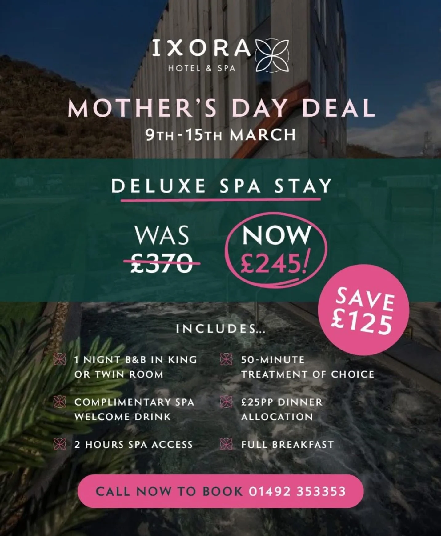 She deserves more than just flowers this year 🧖&zwj;♀️

Gift her the ultimate retreat, enjoy a &pound;125 discount on our Deluxe Spa Stay when you book a stay between 9th and 15th March. 

Limited availability - call us on 01492 353353 to secure you
