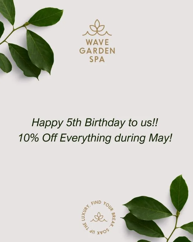 🎉 We&rsquo;re turning 5! 🎉

May is a very special month for us at Wave Garden Spa as we celebrate our 5th Birthday 🥂

To say thank you for all your love and support over the years, we&rsquo;re giving YOU a gift&hellip; enjoy 10% off everything for